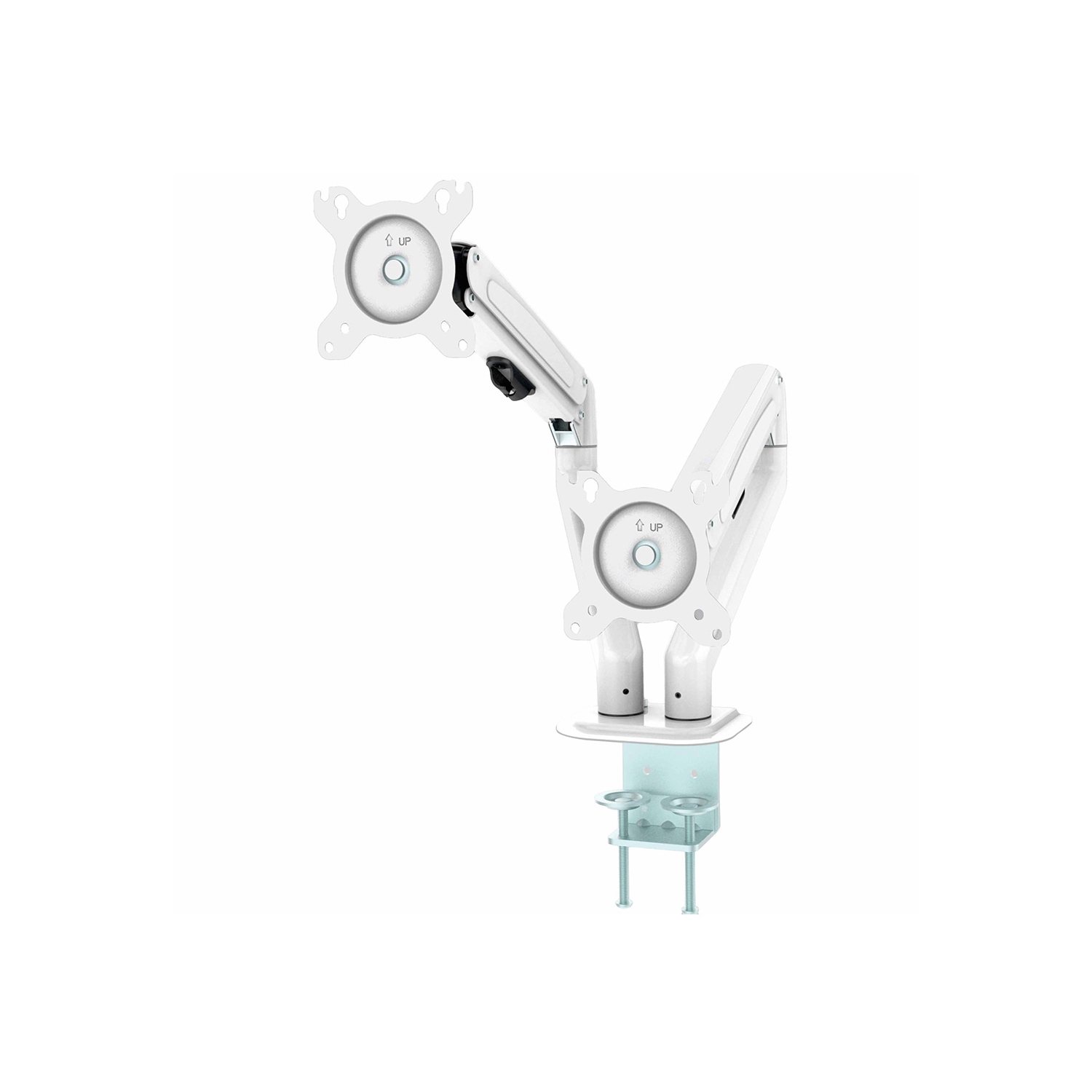 MotionGrey Dual Metal Computer Monitor Arm Stand Quick Release Vesa Mount Clamp Installation for up to 28-inch Screen for Desk - White Arms