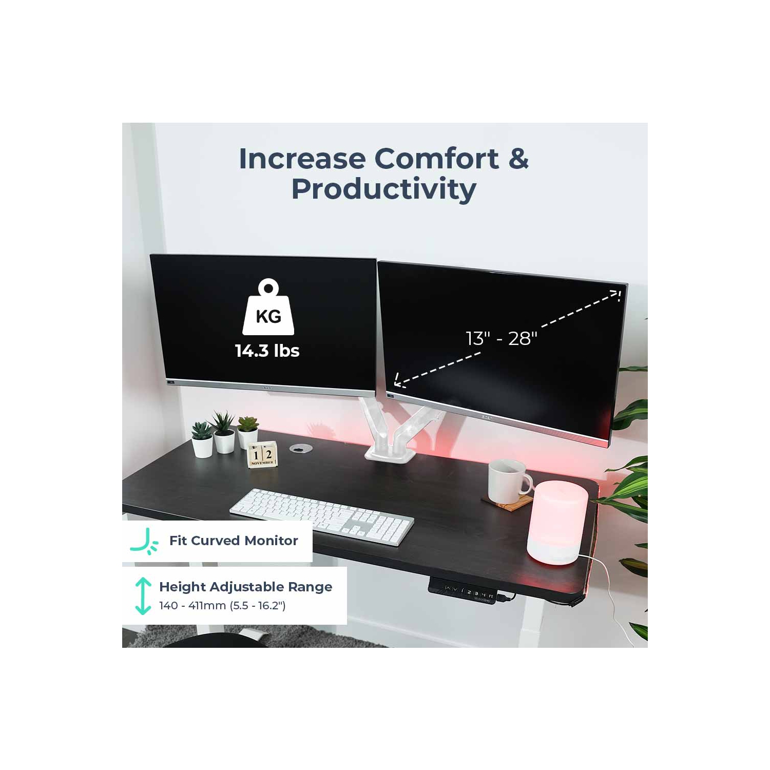 MotionGrey Dual Metal Computer Monitor Arm Stand Quick Release Vesa Mount Clamp Installation for up to 28-inch Screen for Desk - White Arms