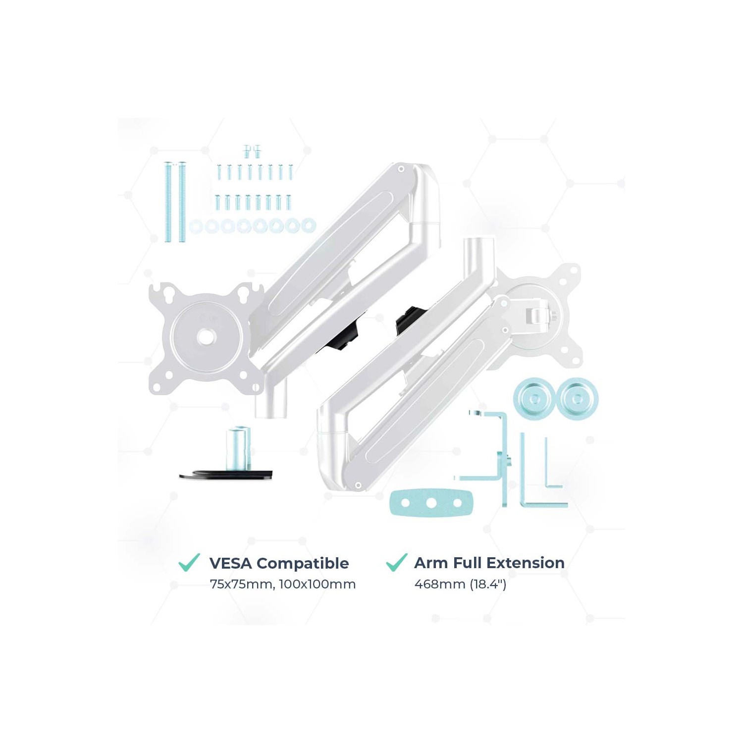 MotionGrey Dual Metal Computer Monitor Arm Stand Quick Release Vesa Mount Clamp Installation for up to 28-inch Screen for Desk - White Arms