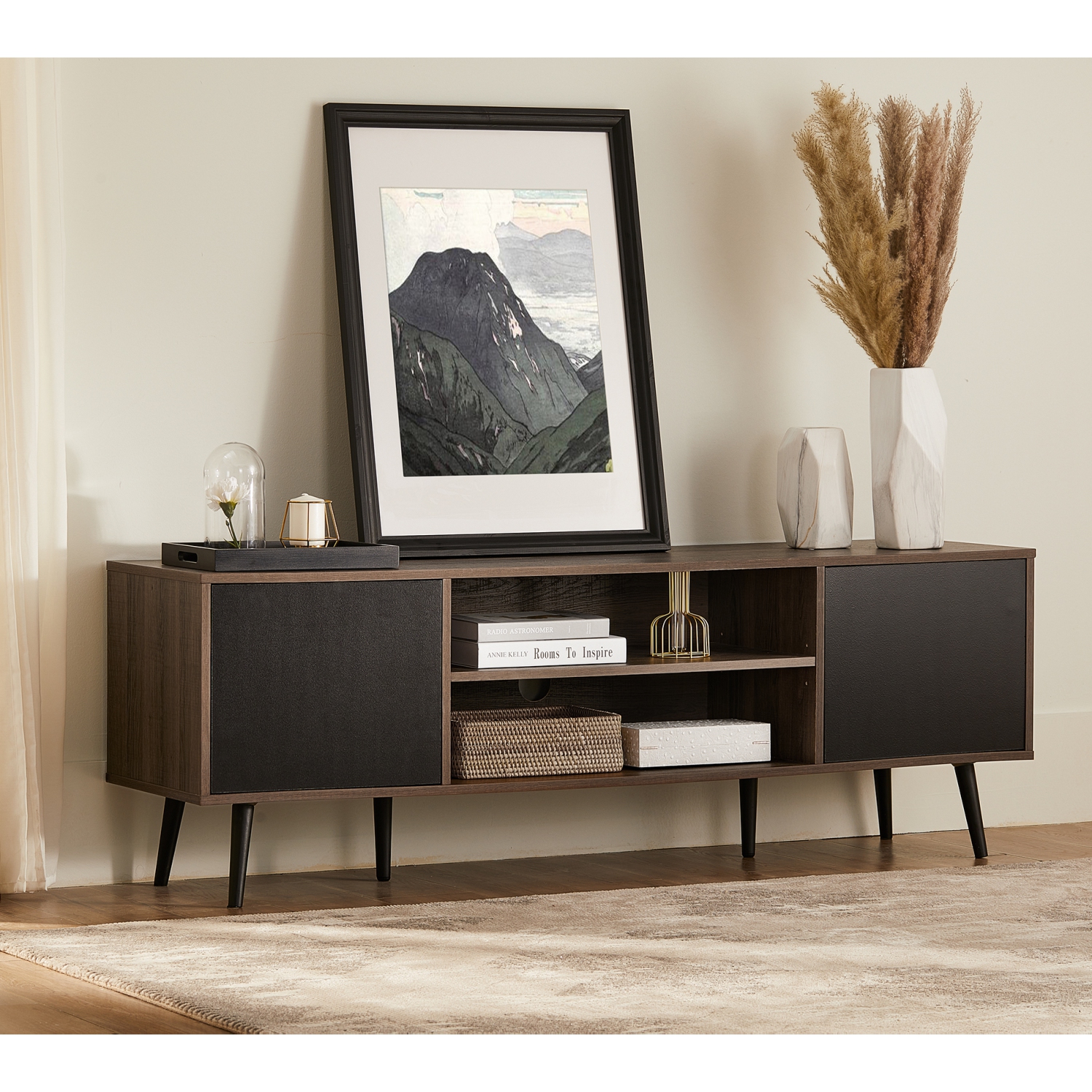 WAMPAT Mid-Century Modern TV Stand for 50/55/65 Inch Flat Screen, Wood Media Console Table with Storage Cabinet, Brown