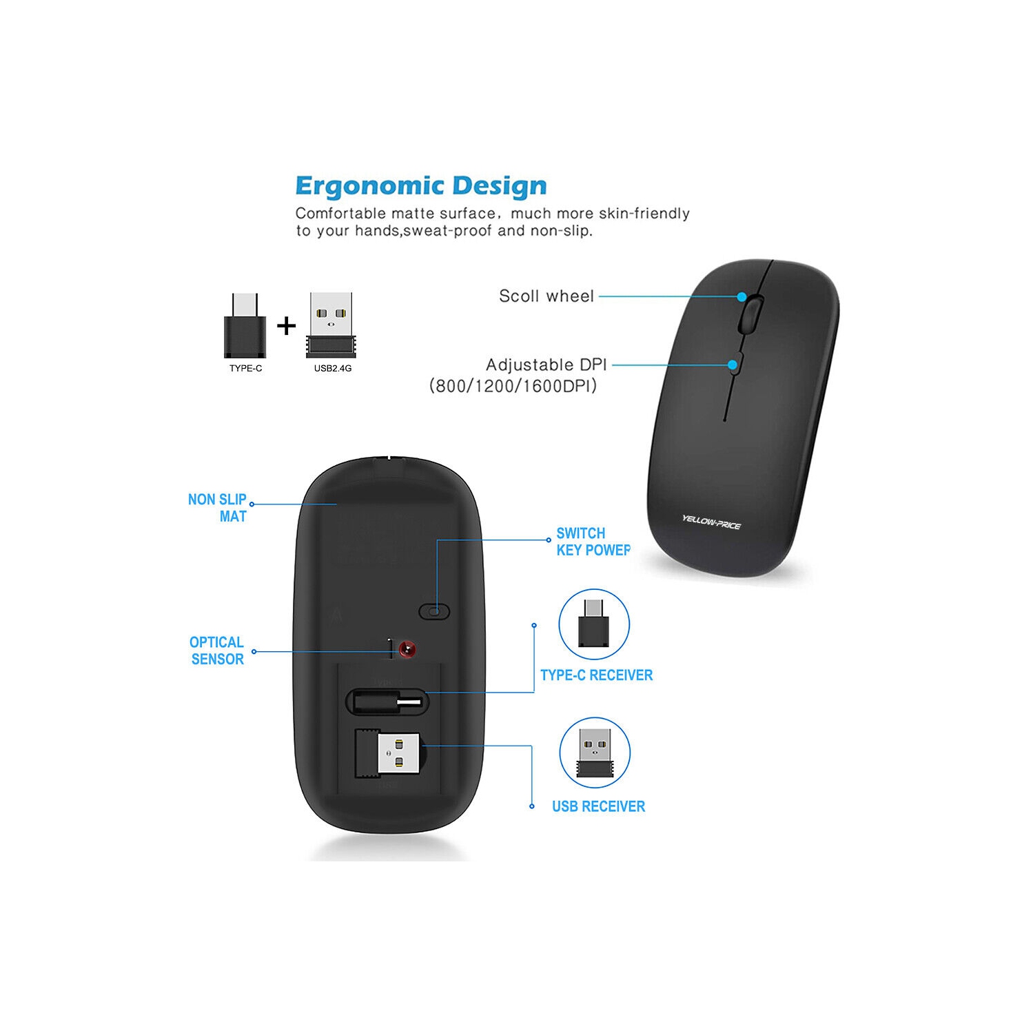 2.4G Rechargeable USB C Wireless Mouse Quiet Clicking for Type-C Laptop, MacBook