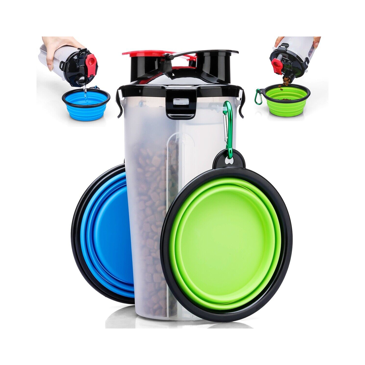 [2-CHAMBER DESIGN] Pet Food Container with Collapsible Dog Bowls for Dogs Cats