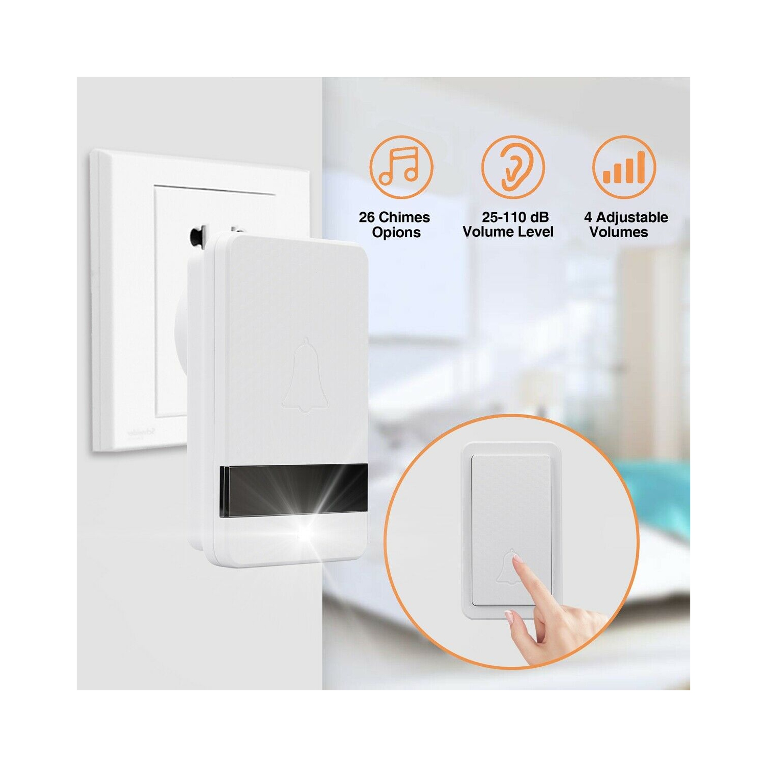 Wireless Doorbell Chime 2 Receiver 1 Transmitter 4 Volume 1000ft Door Bell Chime