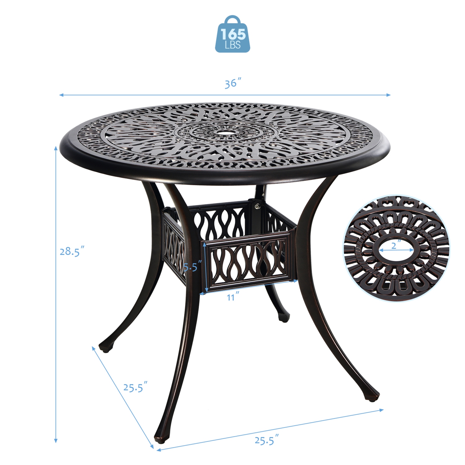 Gymax 36'' Outdoor Round Dining Table Cast Aluminum Patio Bistro Table w/ Umbrella Pole