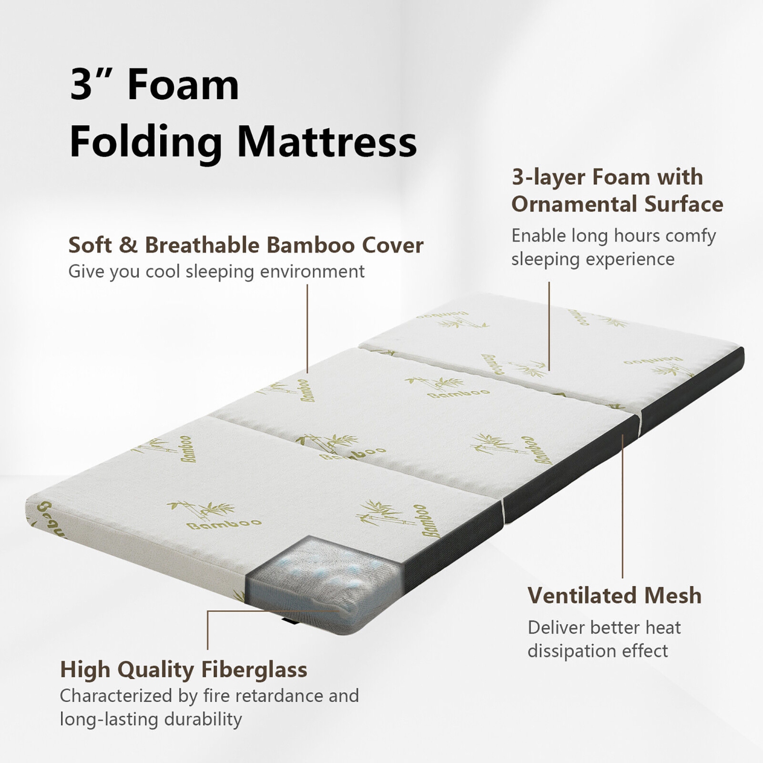 Gymax 3'' Tri-fold Memory Foam Floor Mattress Topper Portable w/ Carrying Bag