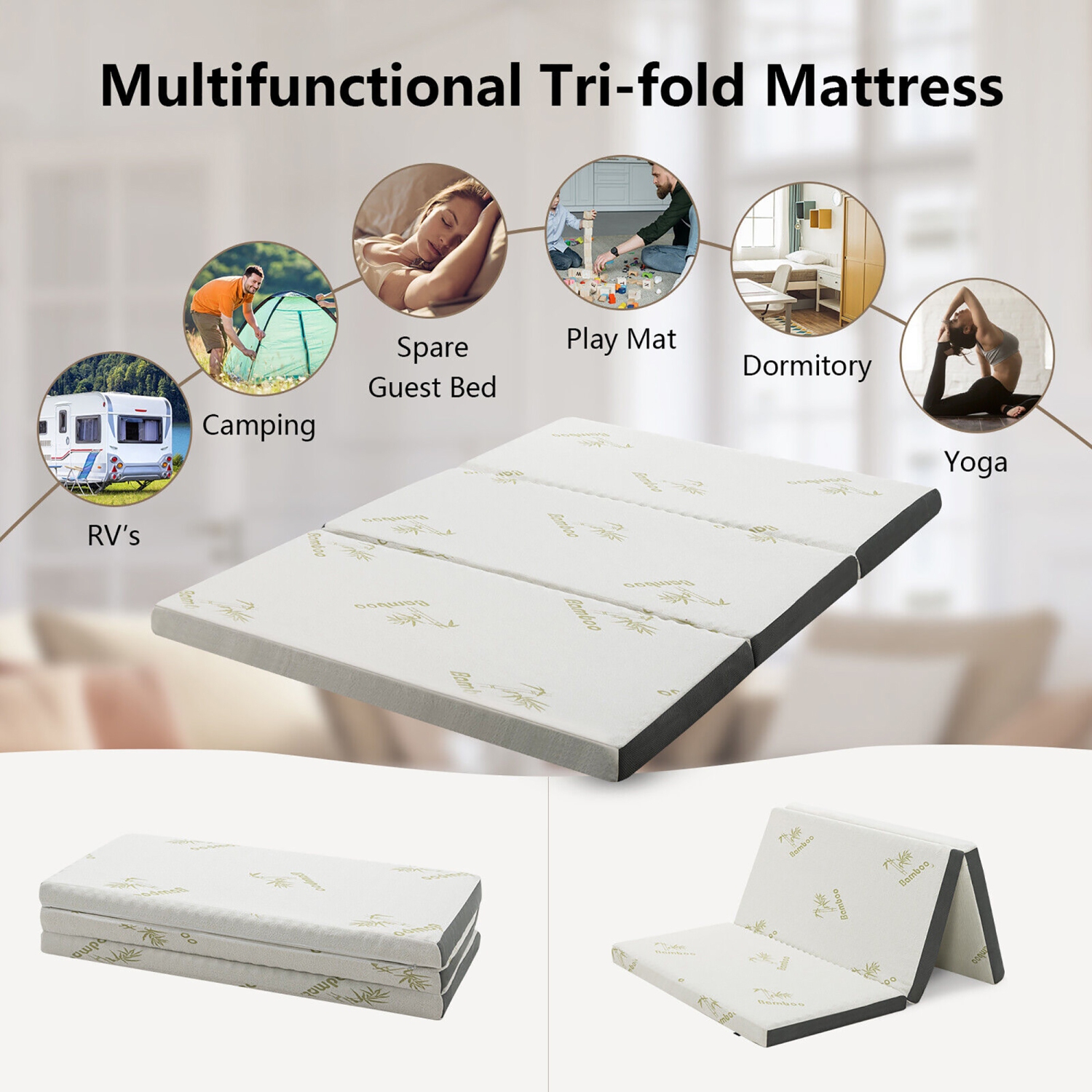 Gymax 3'' Tri-fold Memory Foam Floor Mattress Topper Portable w/ Carrying Bag