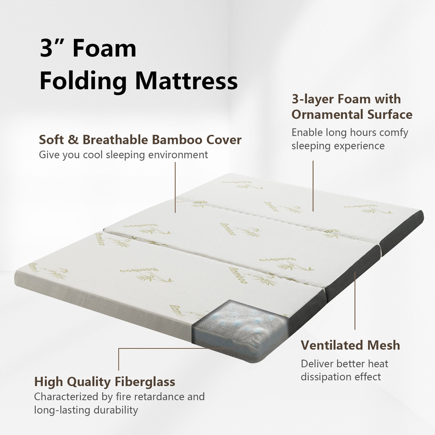 Gymax 3'' Tri-fold Memory Foam Floor Mattress Topper Portable w/ Carrying Bag