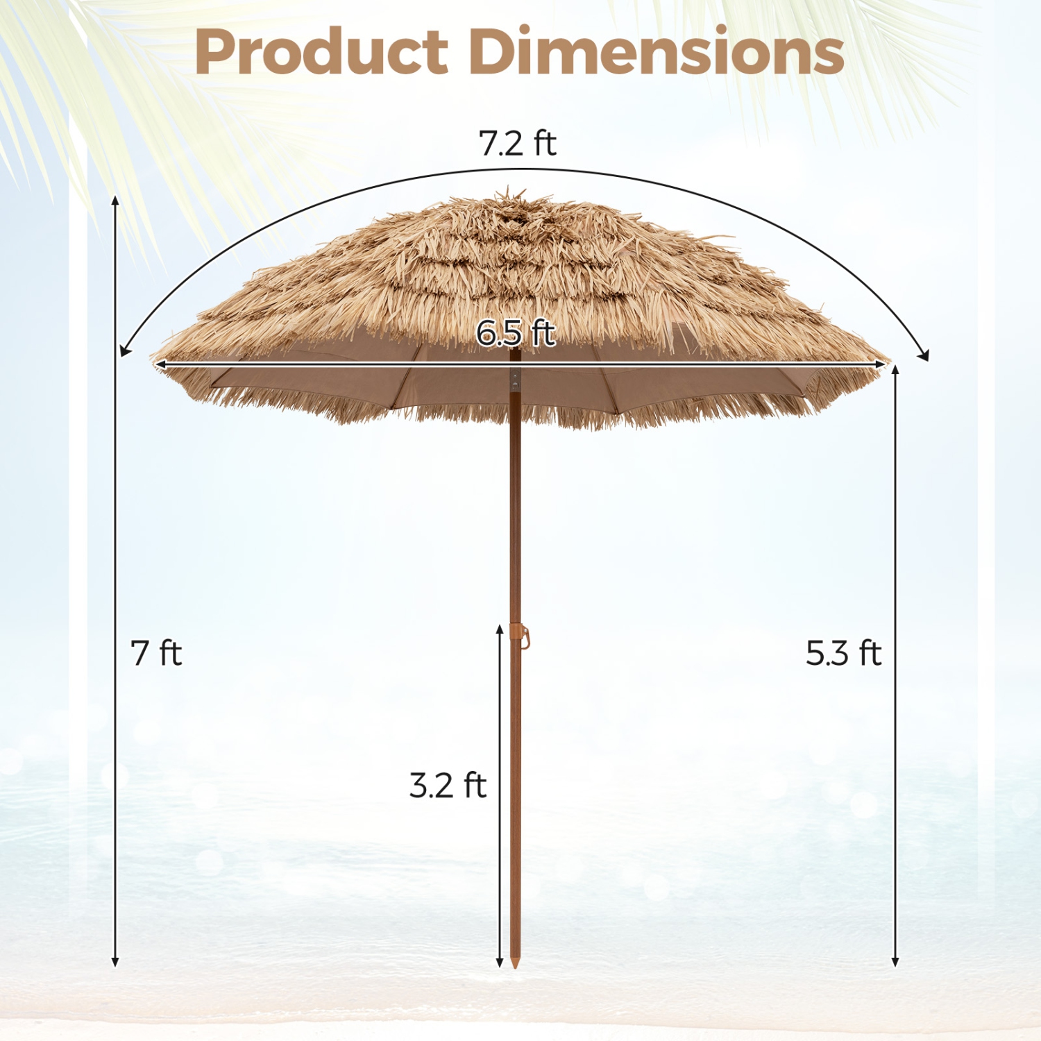 Gymax 7.2FT Hula Thatched Tiki Umbrella w/ Tilt Hawaiian Style Beach Umbrella
