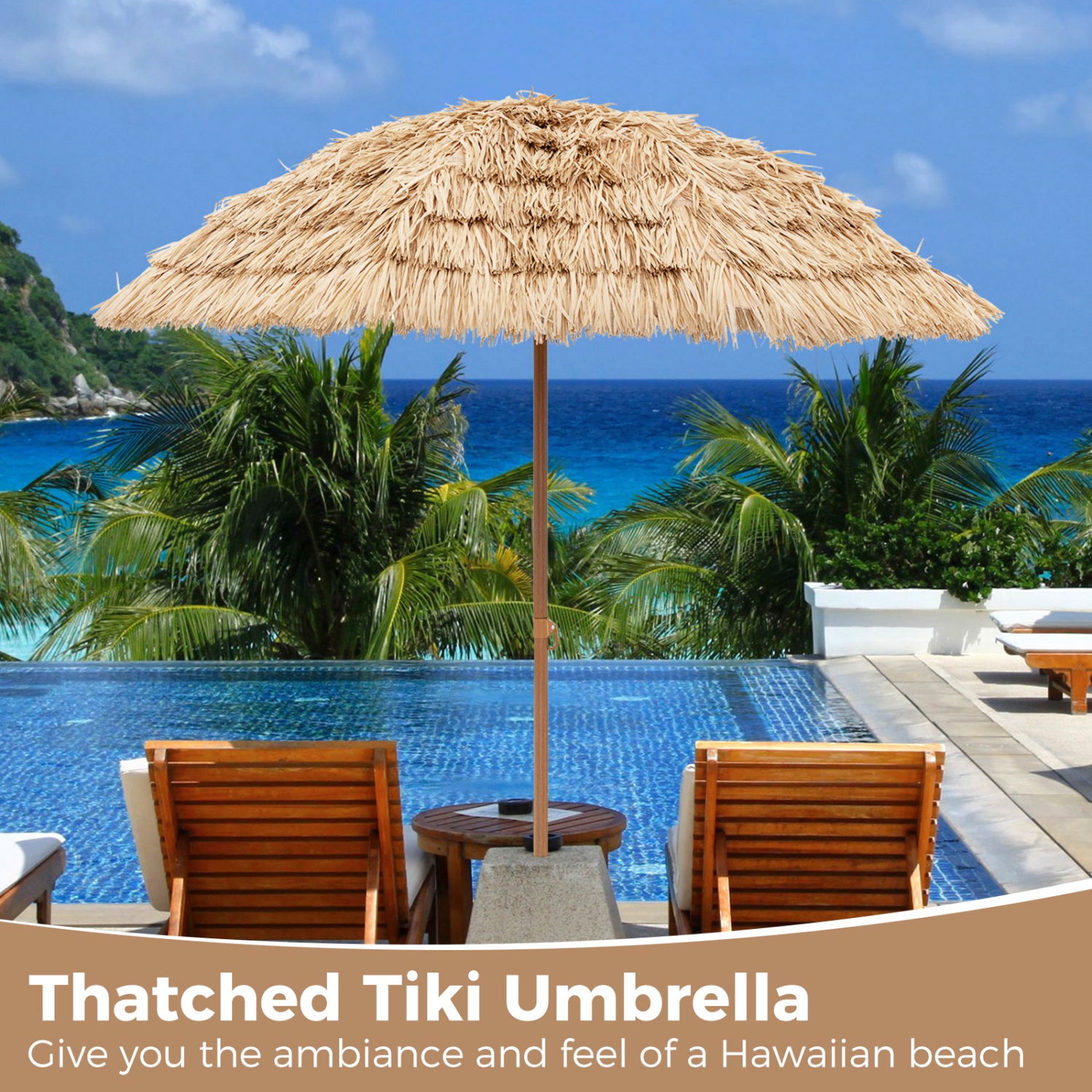 Gymax 7.2FT Hula Thatched Tiki Umbrella w/ Tilt Hawaiian Style Beach Umbrella