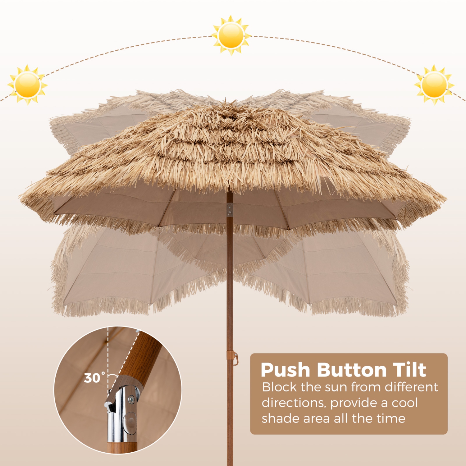 Gymax 7.2FT Hula Thatched Tiki Umbrella w/ Tilt Hawaiian Style Beach Umbrella