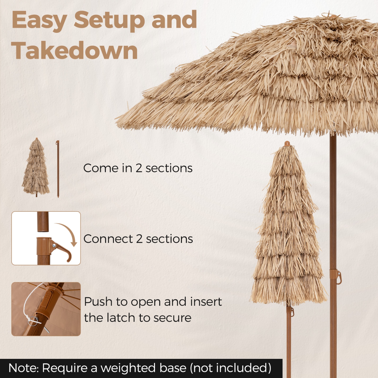 Gymax 7.2FT Hula Thatched Tiki Umbrella w/ Tilt Hawaiian Style Beach Umbrella