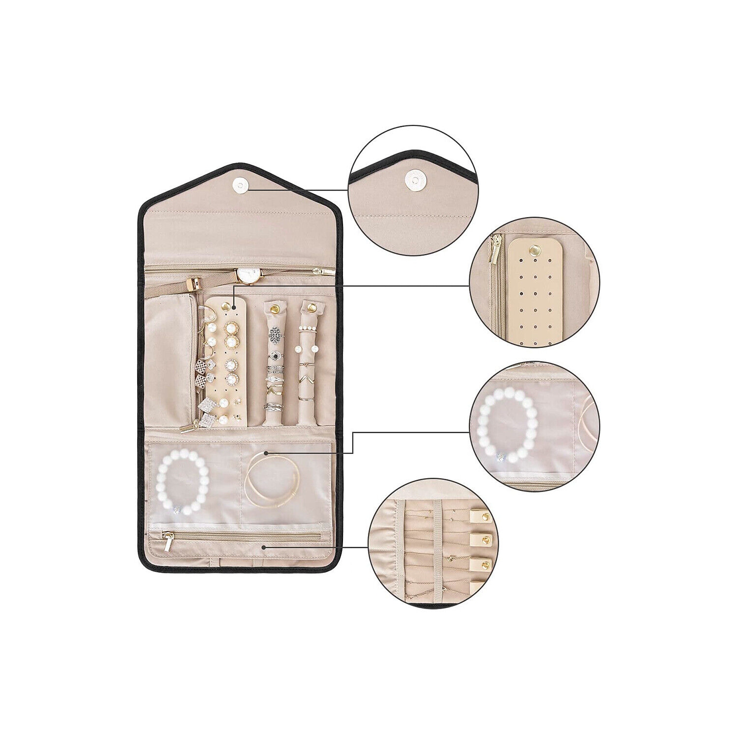 Luxury Foldable Travel Jewelry Organizer Case for Necklace, Earrings, Rings CA