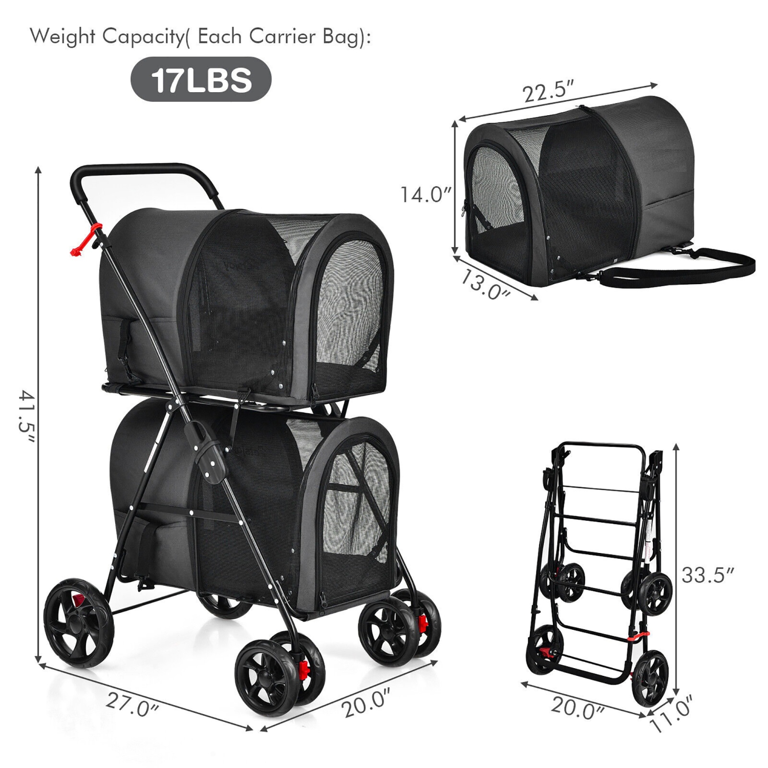 Gymax 4-in-1 Double Pet Stroller w/ Detachable Carrier Travel Carriage for Cats Black