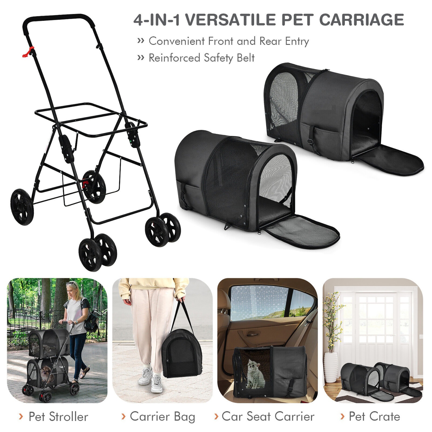 Gymax 4-in-1 Double Pet Stroller w/ Detachable Carrier Travel Carriage for Cats Black