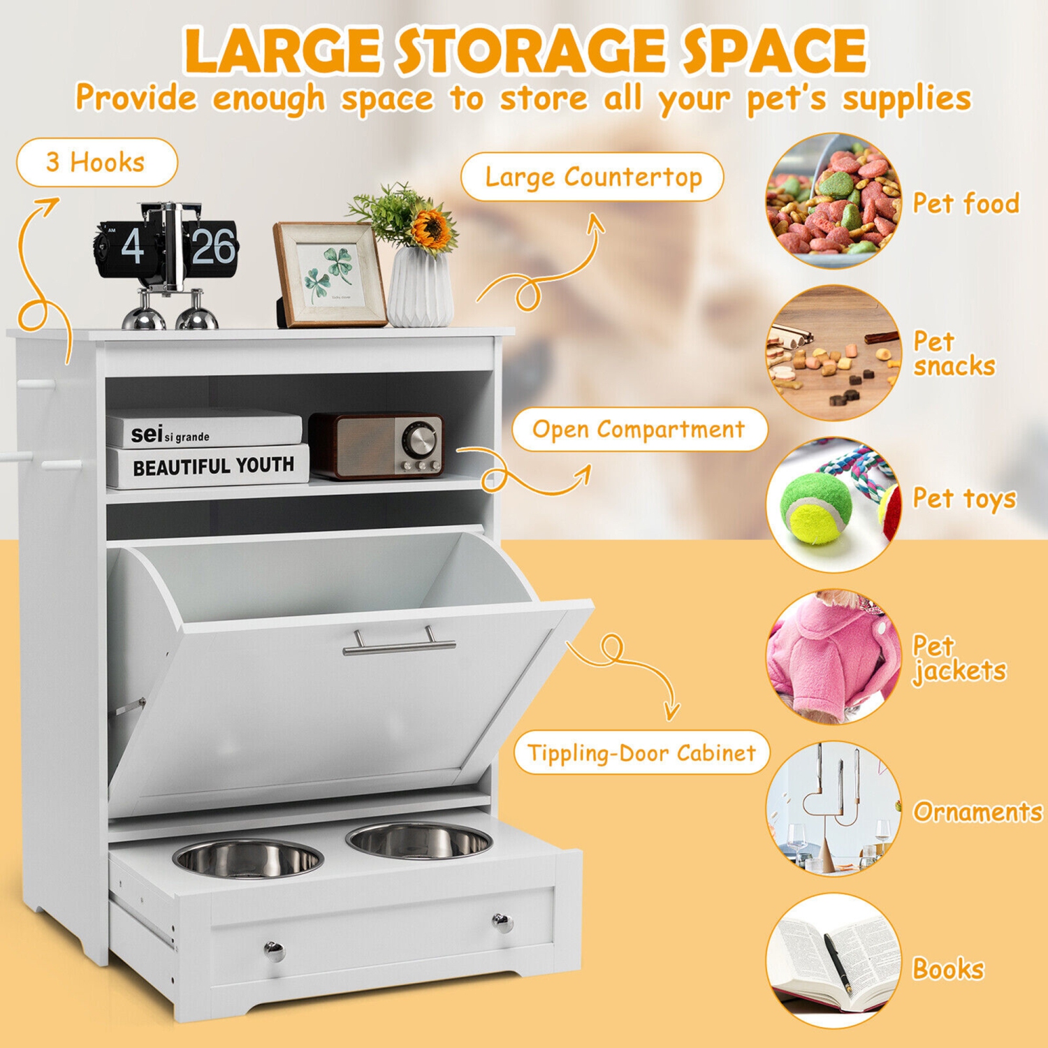 Gymax Pet Feeding Station Furniture w/ Double Pull Out Dog Bowl Food Cabinet