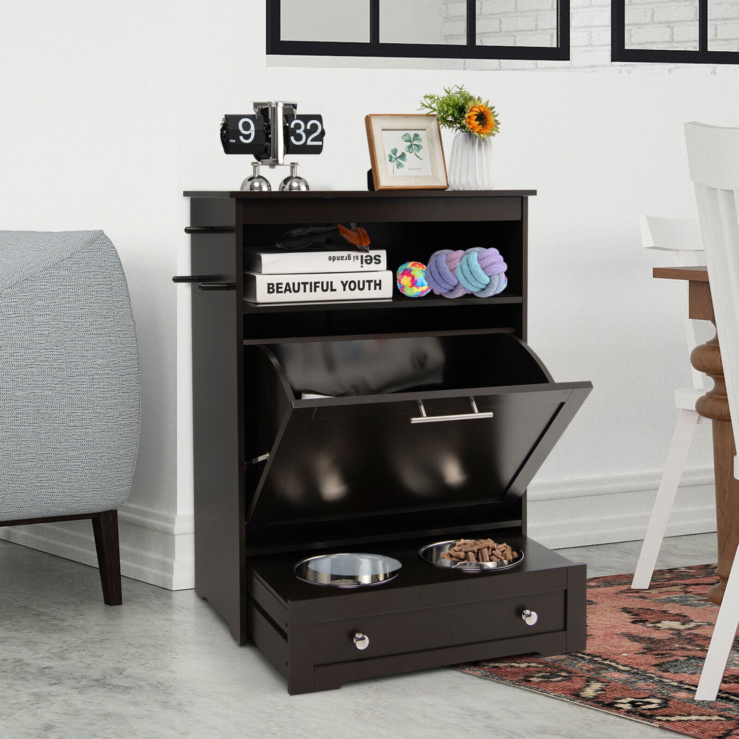 Gymax Pet Feeding Station Furniture w/ Double Pull Out Dog Bowl Food Cabinet