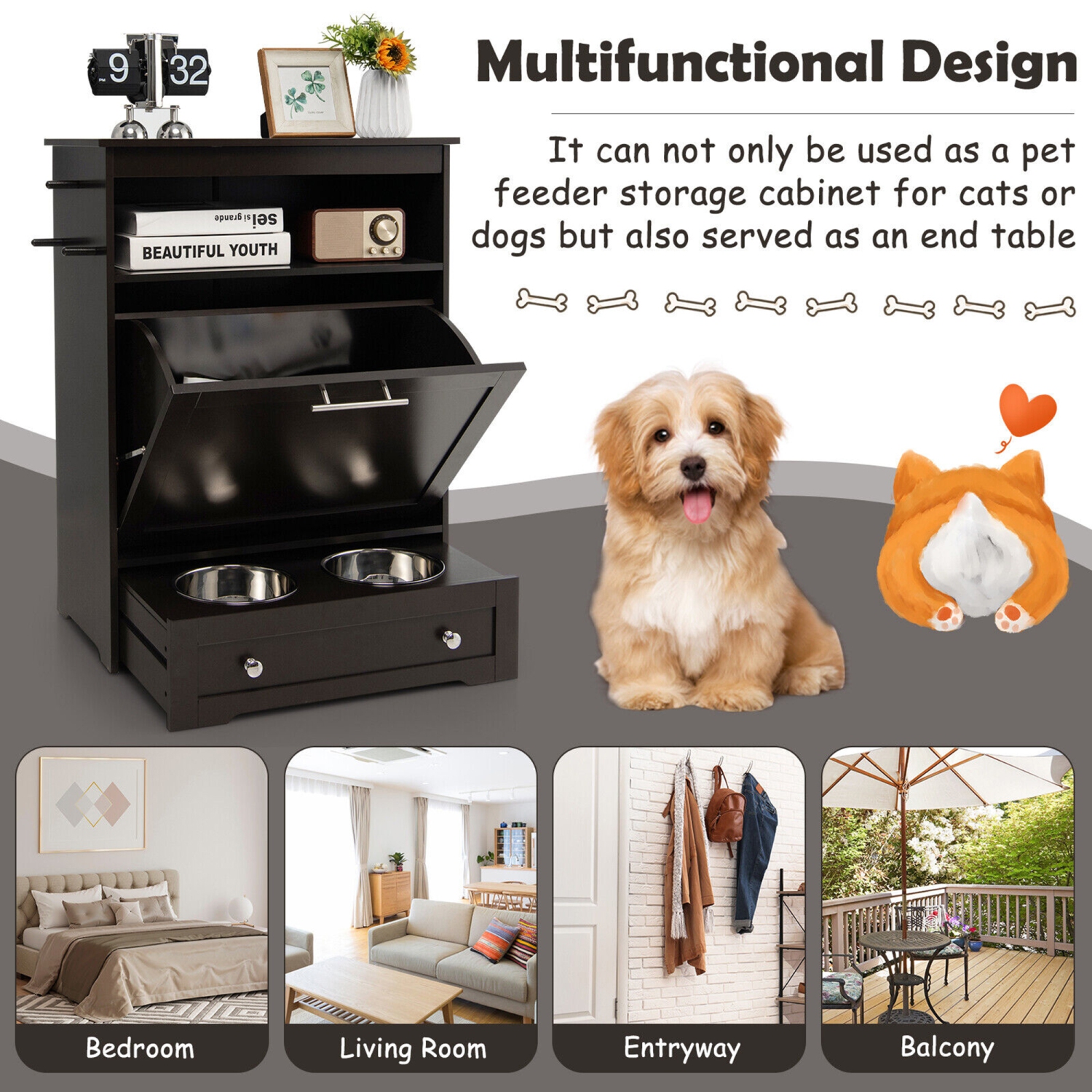 Gymax Pet Feeding Station Furniture w/ Double Pull Out Dog Bowl Food Cabinet
