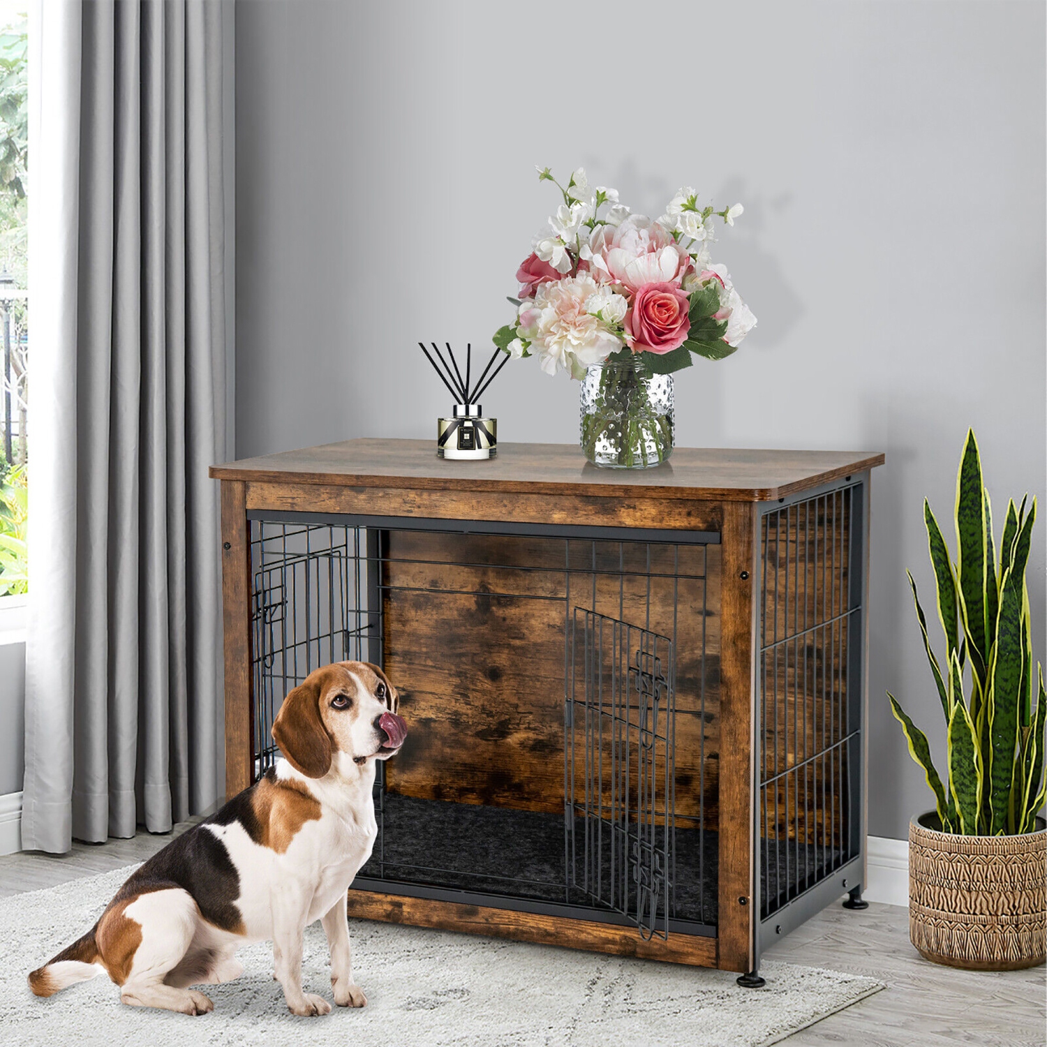 Gymax Wooden Dog Crate Furniture with Pad Bed Double Doors Dog Kennel End Table
