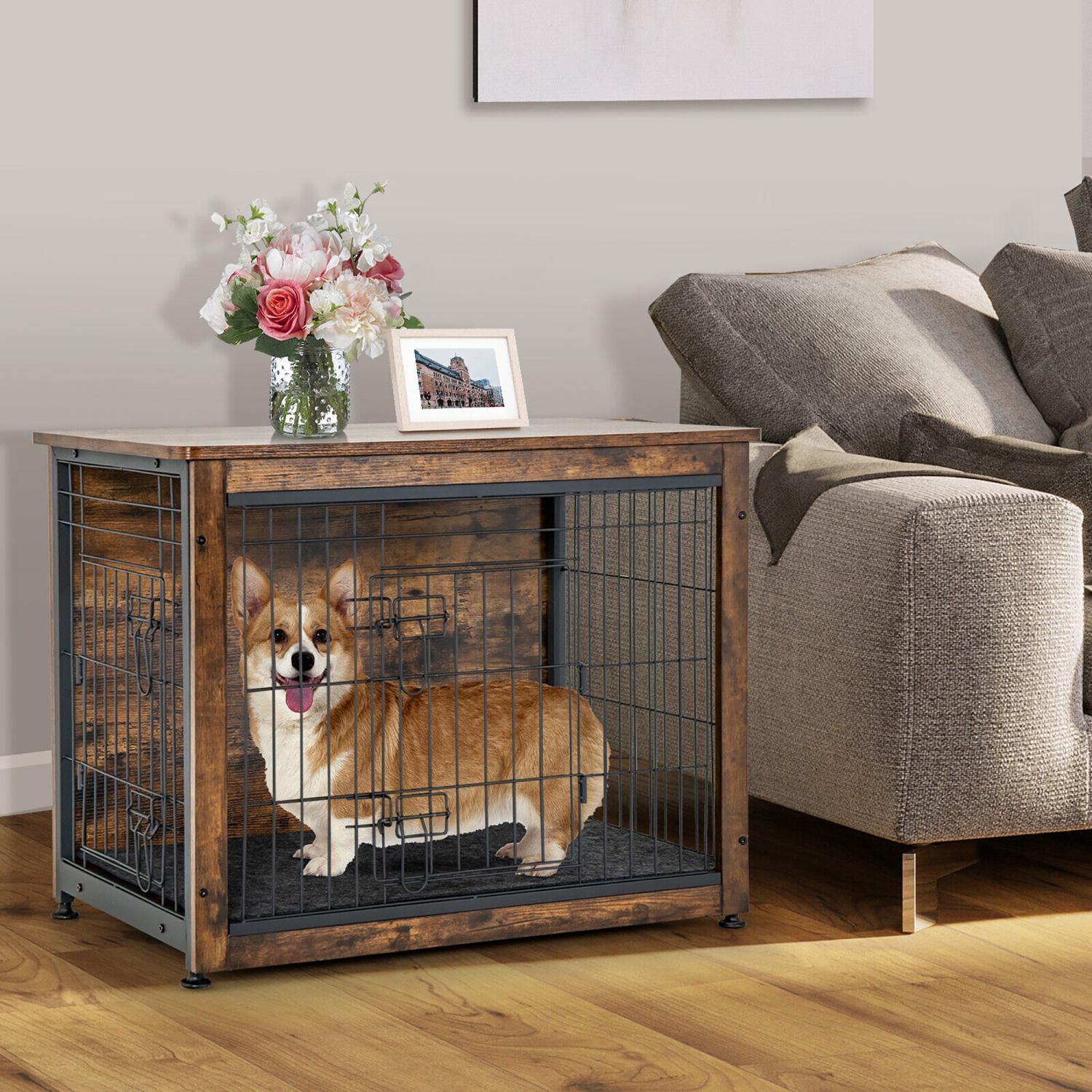 Gymax Wooden Dog Crate Furniture with Pad Bed Double Doors Dog Kennel End Table