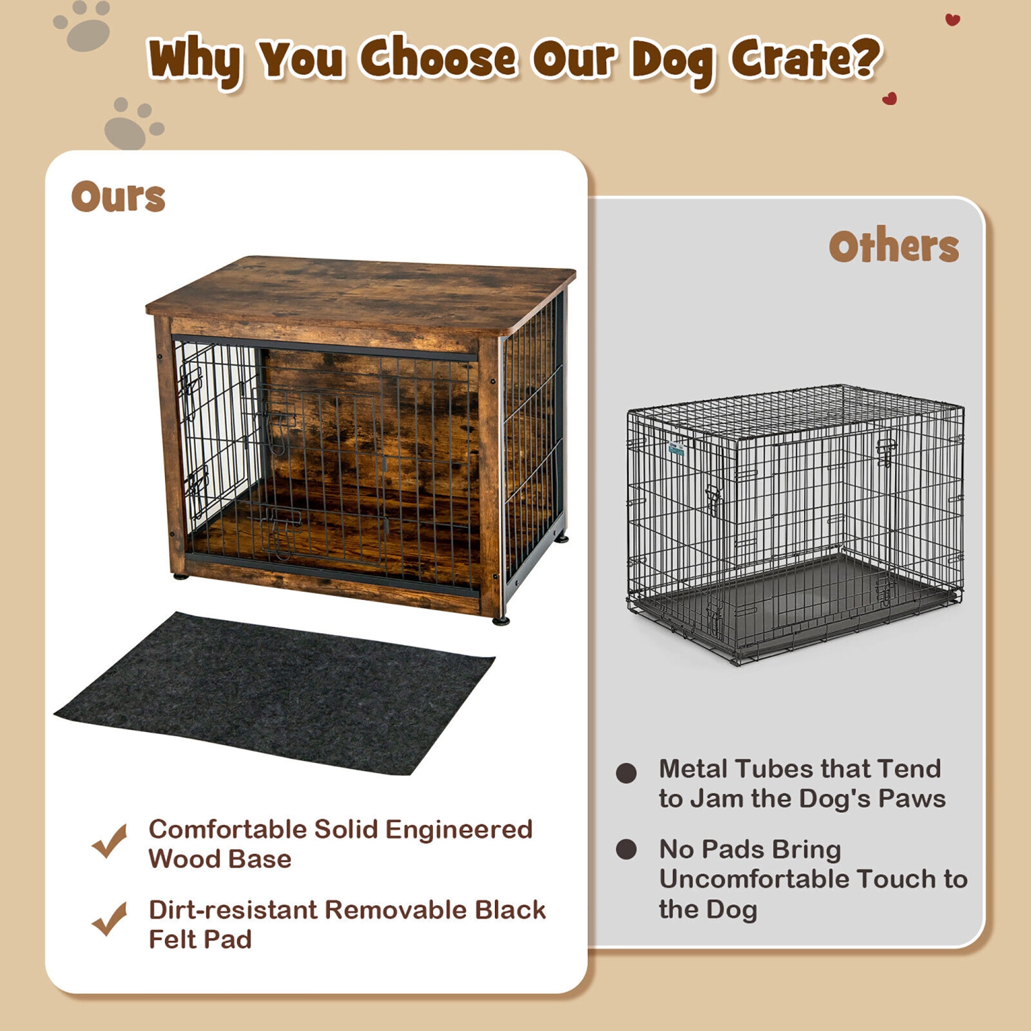Gymax Wooden Dog Crate Furniture with Pad Bed Double Doors Dog Kennel End Table