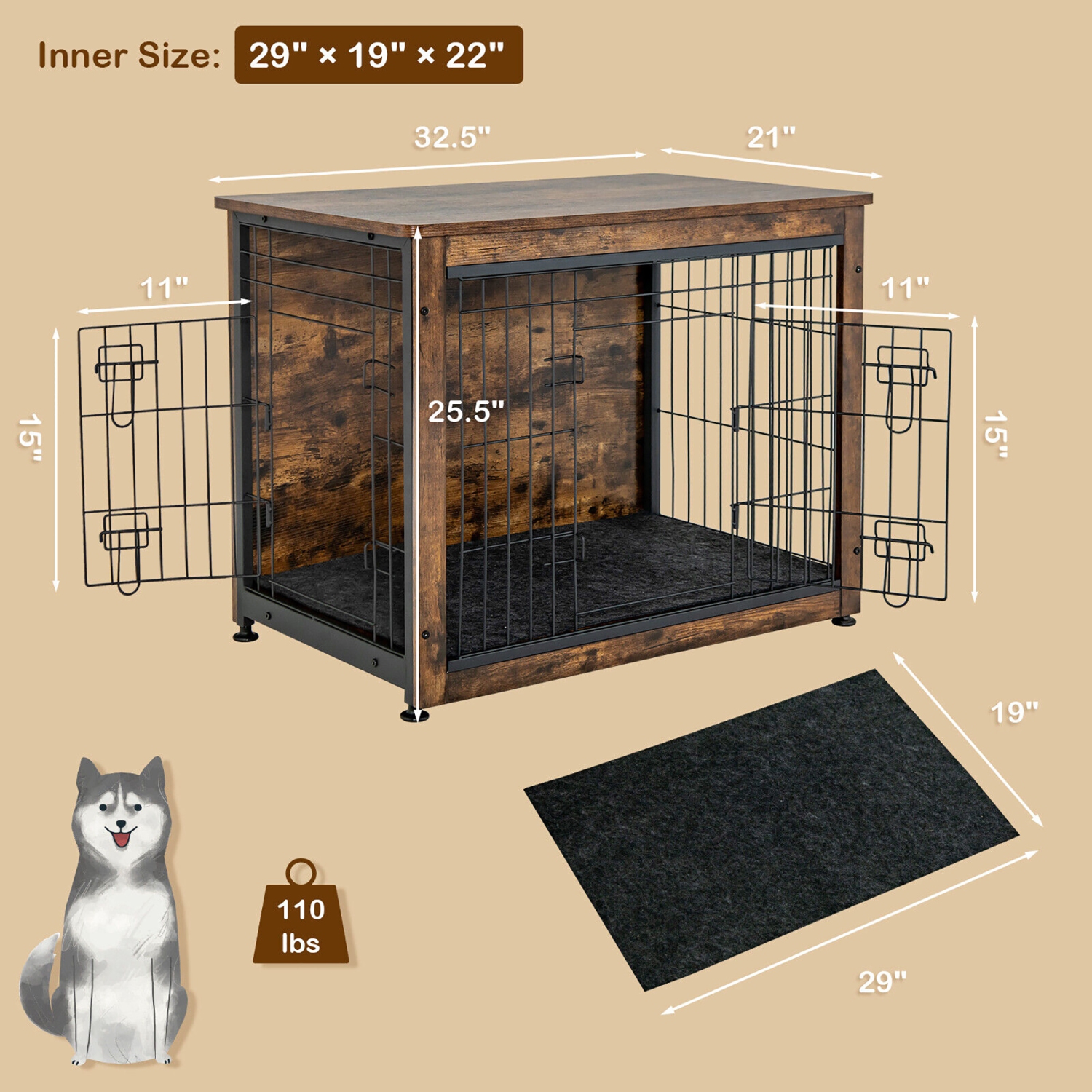 Gymax Wooden Dog Crate Furniture with Pad Bed Double Doors Dog Kennel End Table