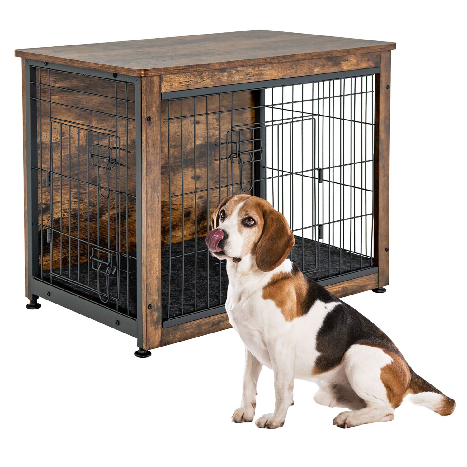Gymax Wooden Dog Crate Furniture with Pad Bed Double Doors Dog Kennel End Table