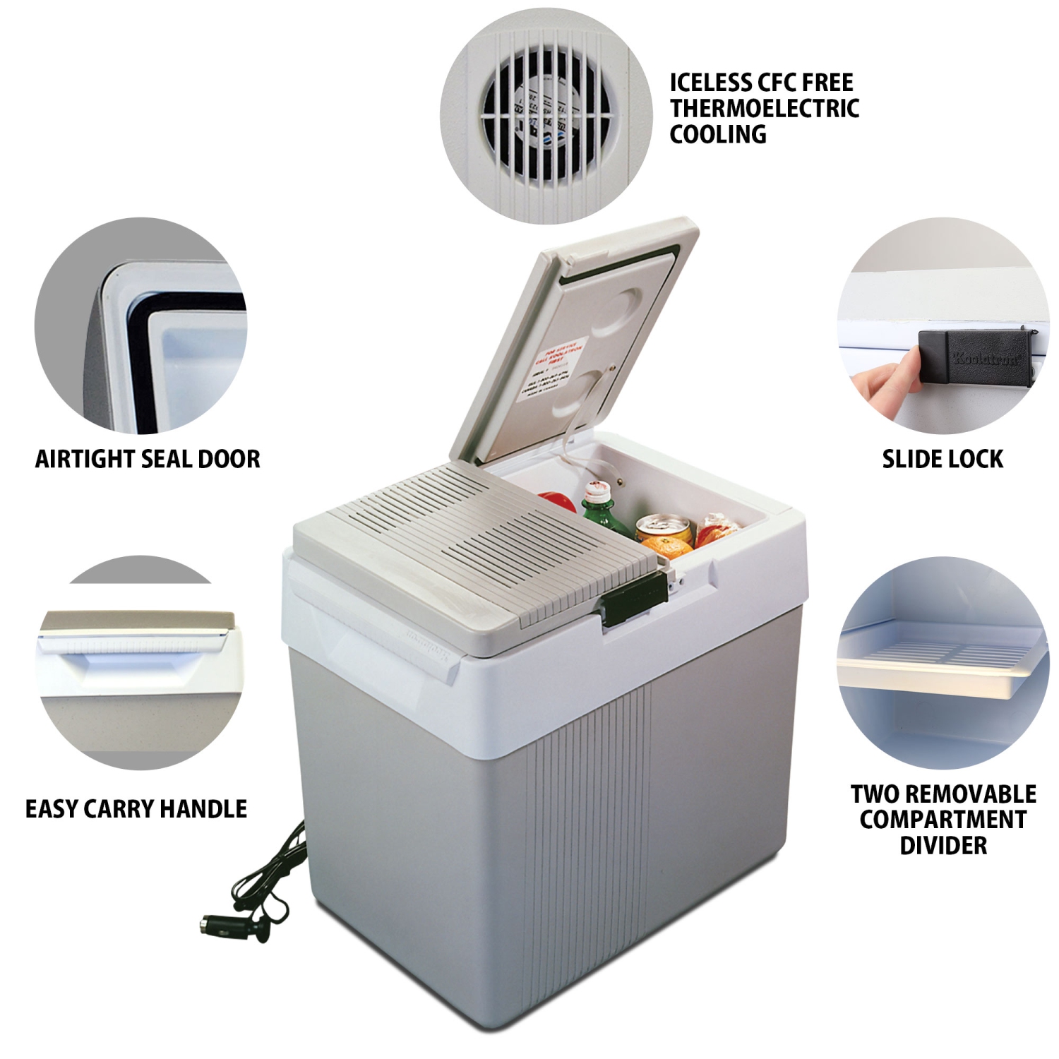 Koolatron Thermoelectric Iceless 12V Cooler/Warmer 33 qt, Electric Portable Car Fridge w/ 12 Volt DC Power Cord, Dual Opening, Grey/White, Travel