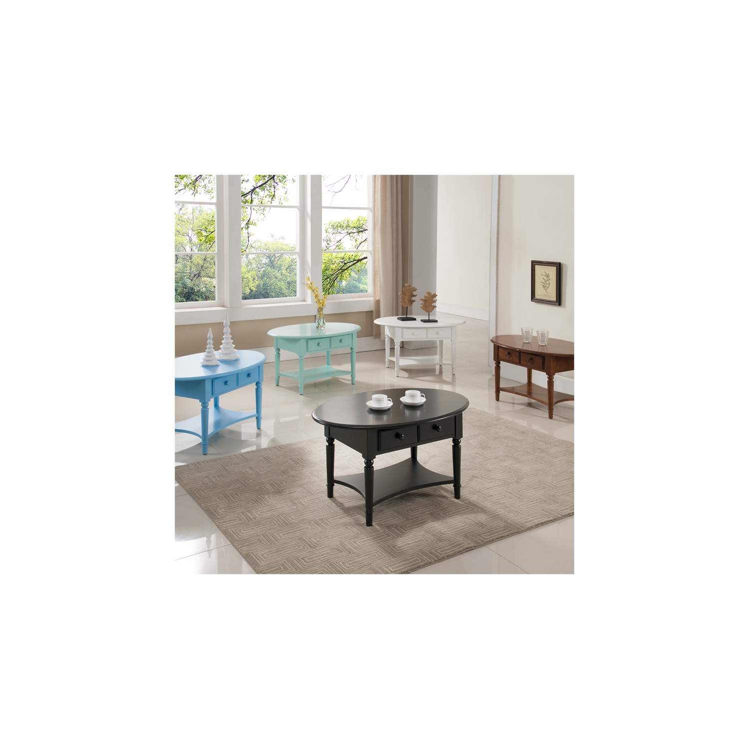 Leick Coastal Notions Oval 1 Drawer Wood Coffee Table with Shelf in Orchid White