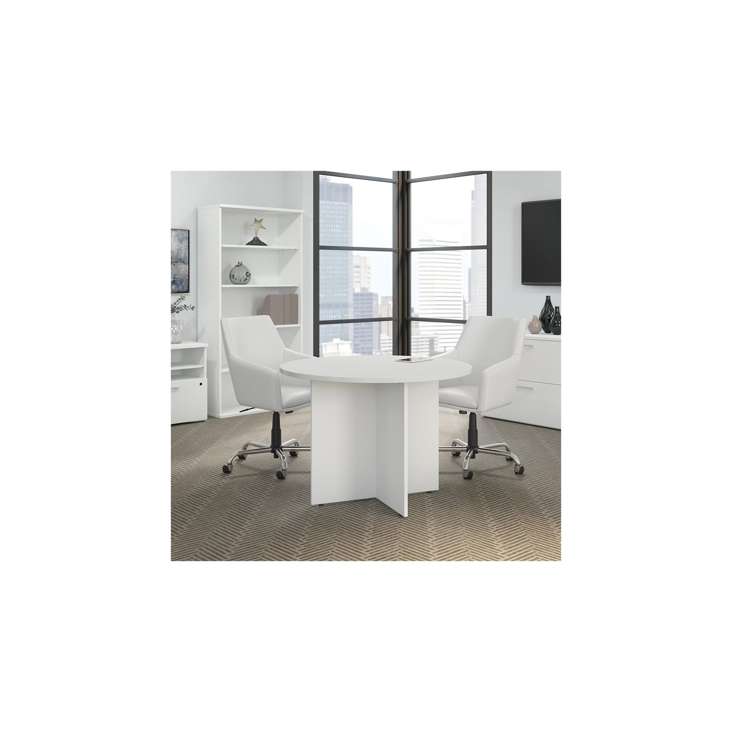 42W Round Conference Table with Wood Base in White - Engineered Wood