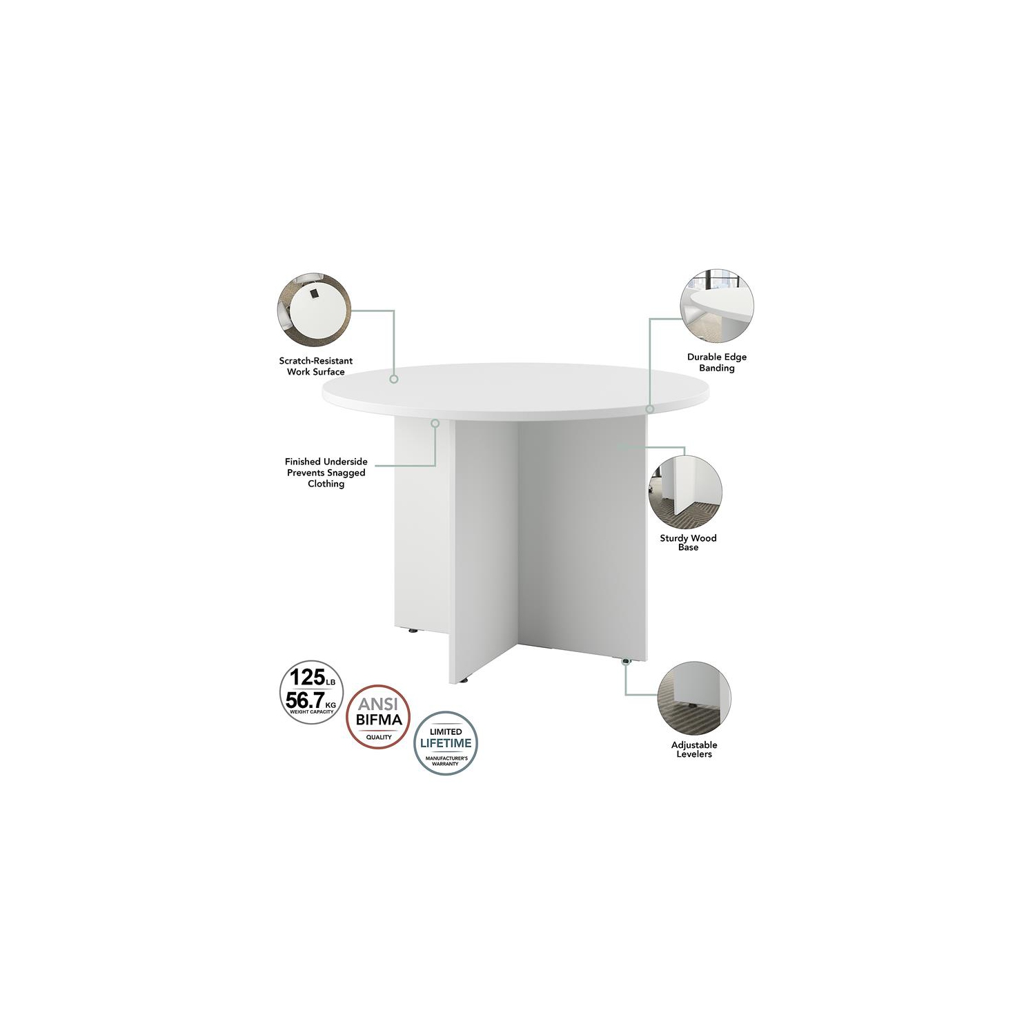 42W Round Conference Table with Wood Base in White - Engineered Wood