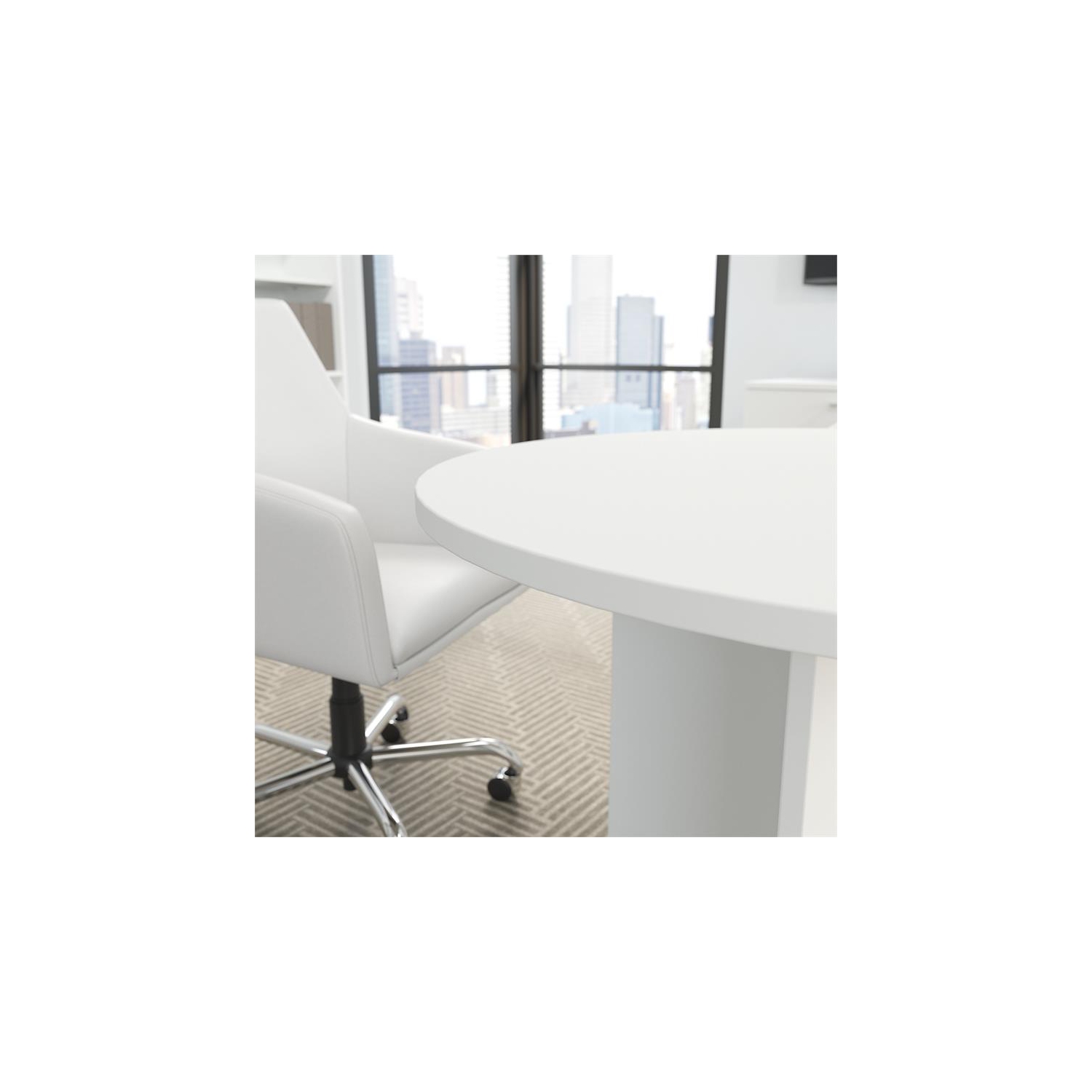 42W Round Conference Table with Wood Base in White - Engineered Wood