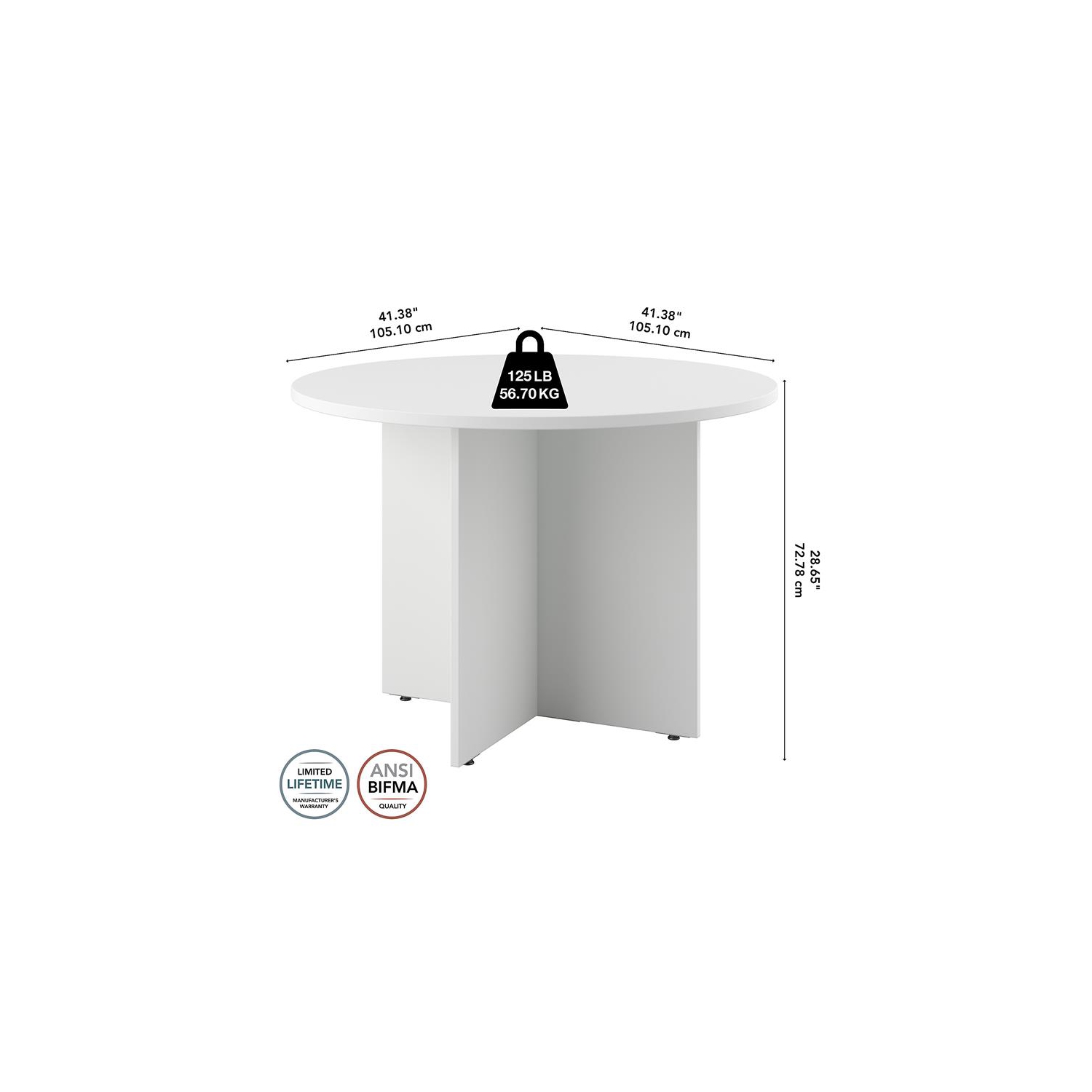 42W Round Conference Table with Wood Base in White - Engineered Wood