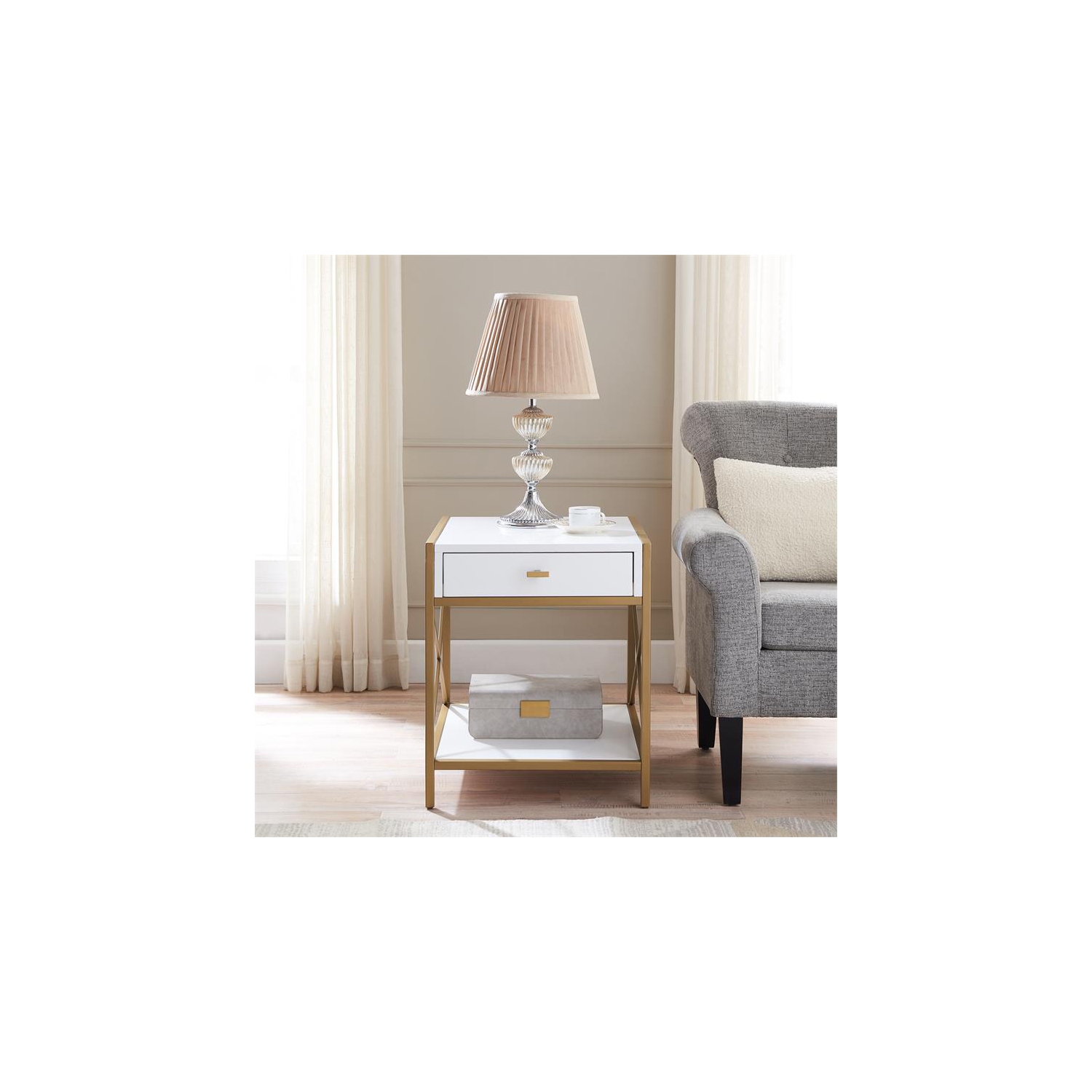 Leick Home 9206-WTGL Claudette Metal and Wood Drawer End Table in White/Gold