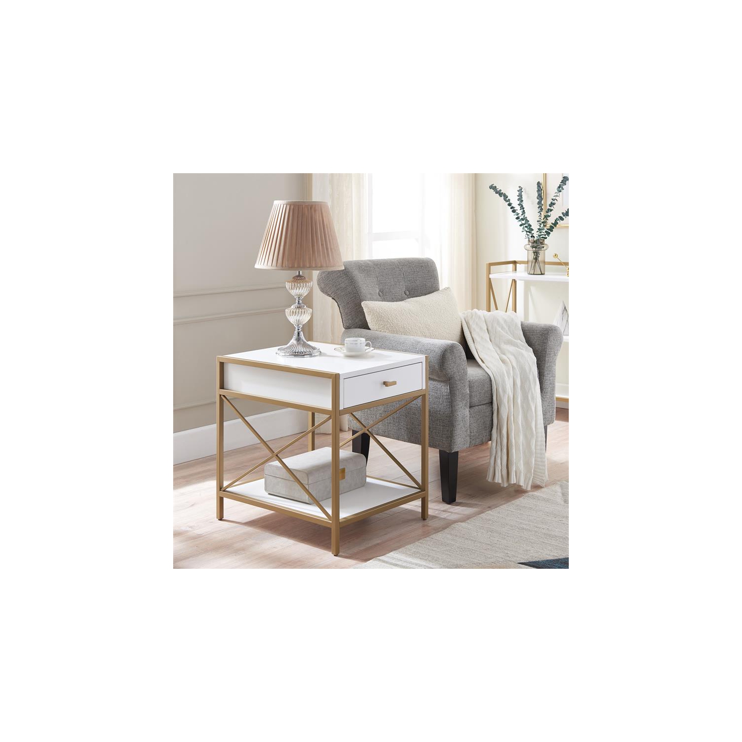 Leick Home 9206-WTGL Claudette Metal and Wood Drawer End Table in White/Gold