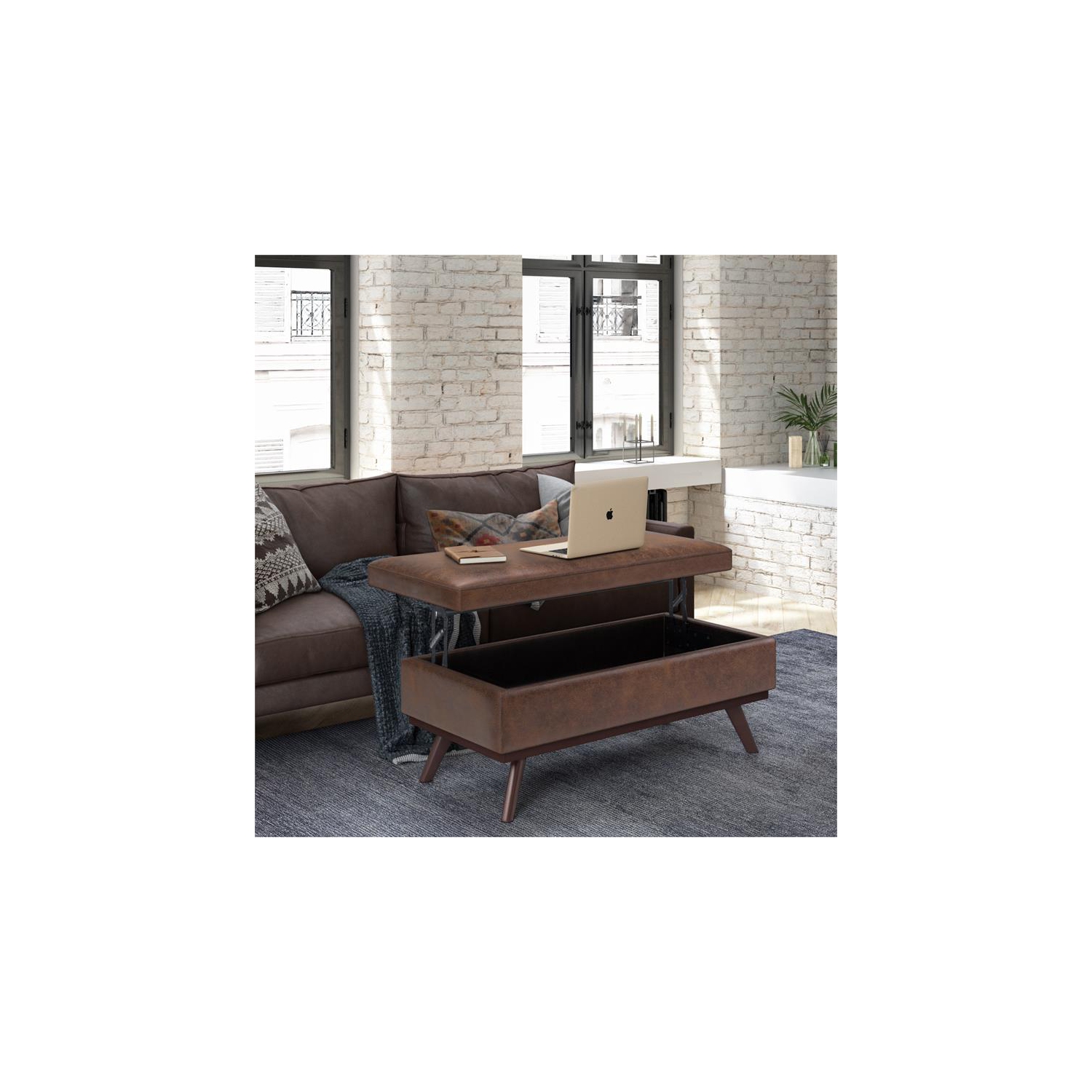 Owen 42in.W Lift top Coffee Table in Distressed Chestnut Brown Faux Leather