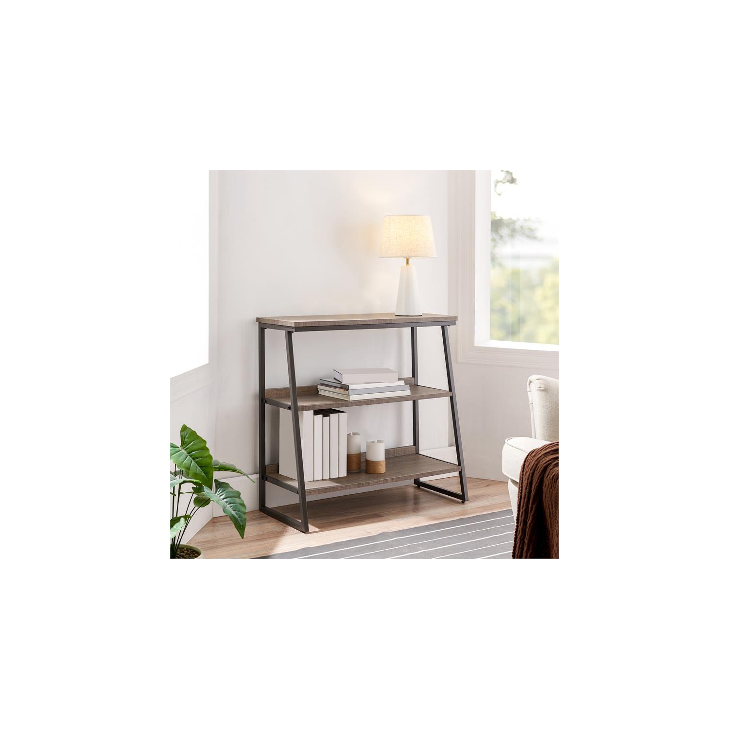 Leick Home 70007-ROBLK Stepped Tier Bookshelf in Roughsawn Oak/Gunmetal Gray