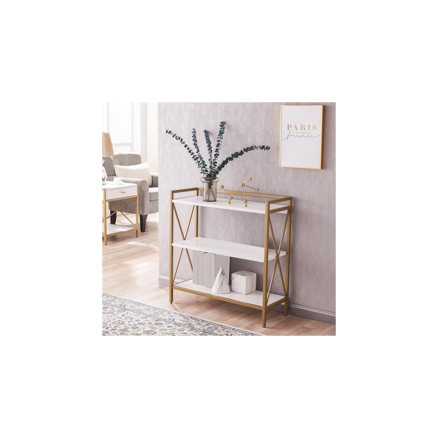 Leick Home 9261-WTGL Claudette Mixed Metal and Wood Bookshelf in White/Gold