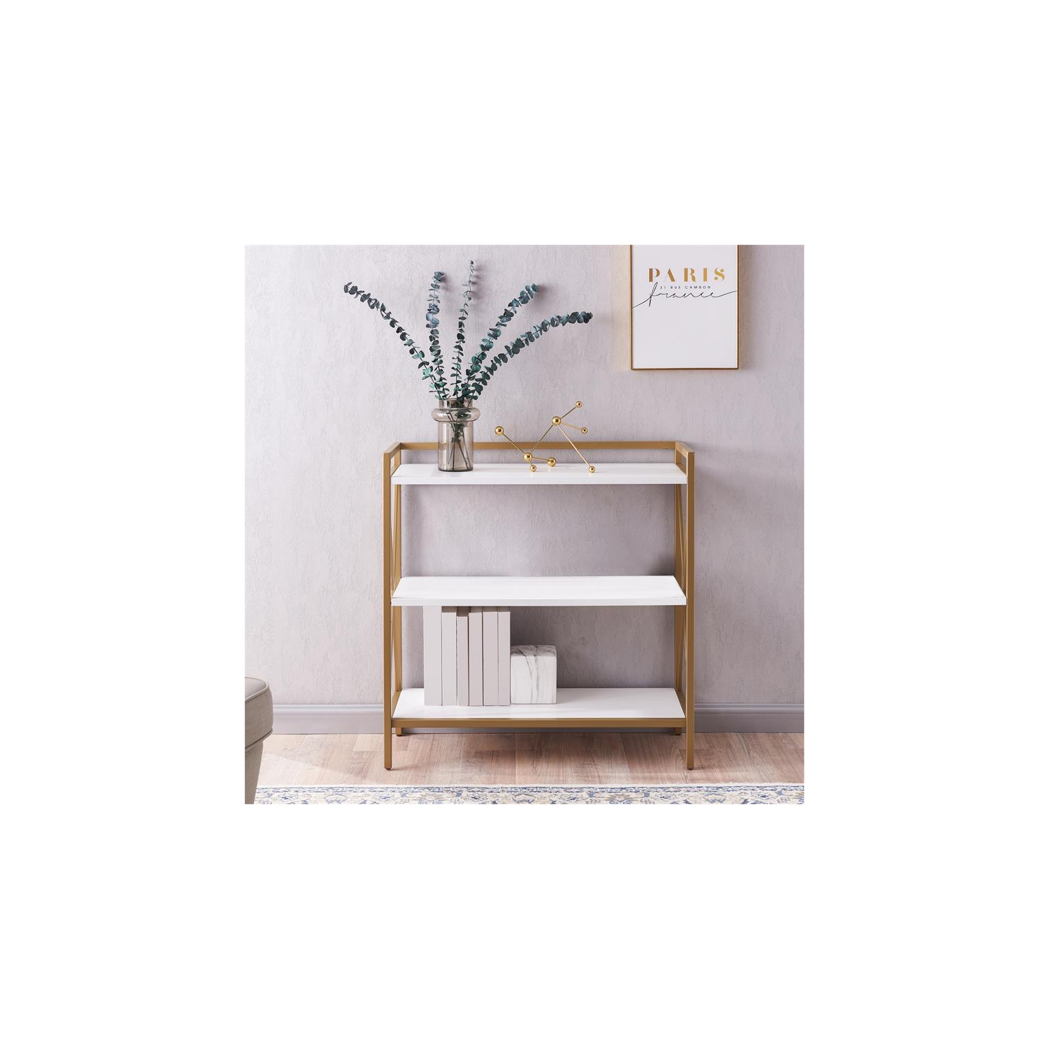 Leick Home 9261-WTGL Claudette Mixed Metal and Wood Bookshelf in White/Gold