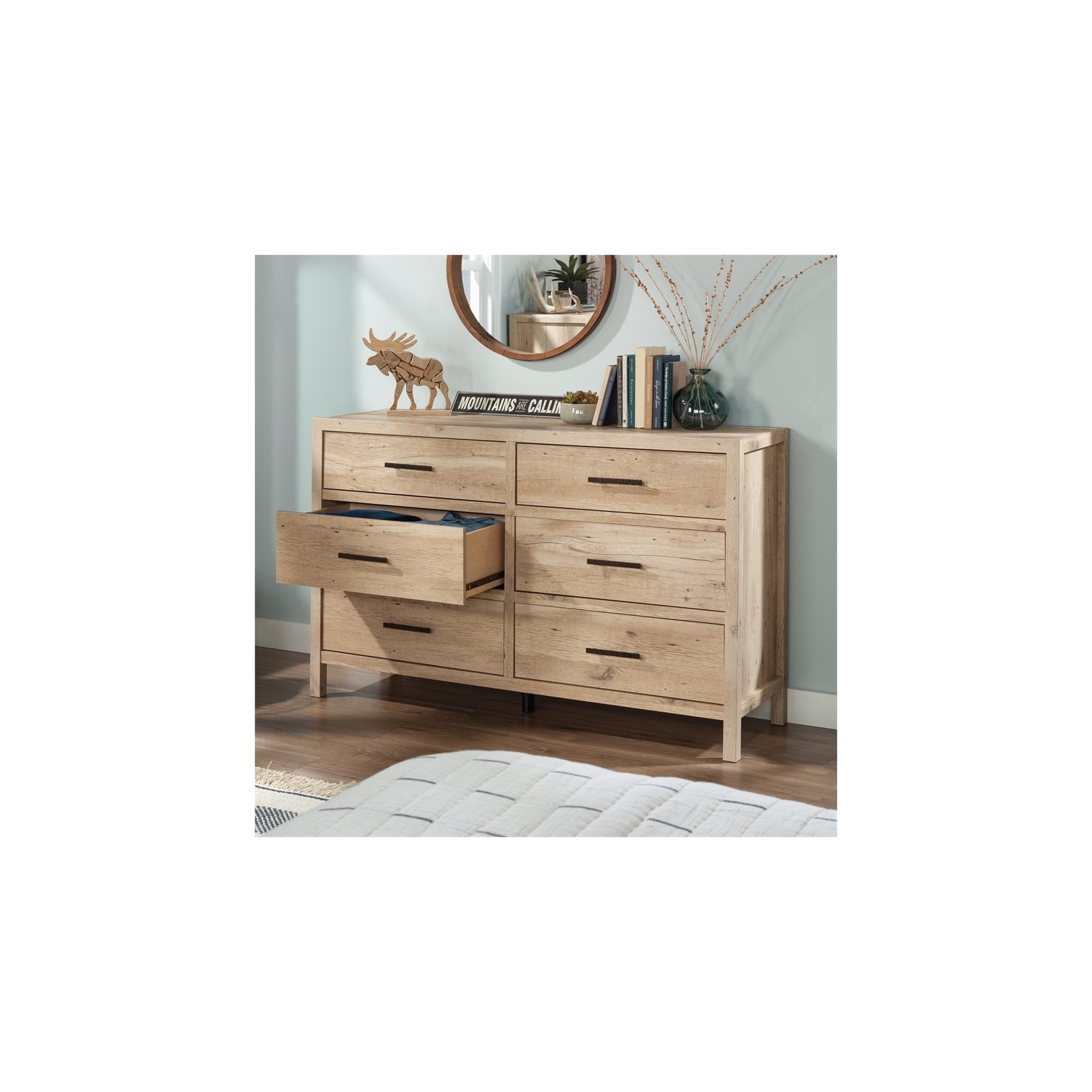 Sauder Pacific View Engineered Wood Metal and Plastic Dresser in Prime Oak