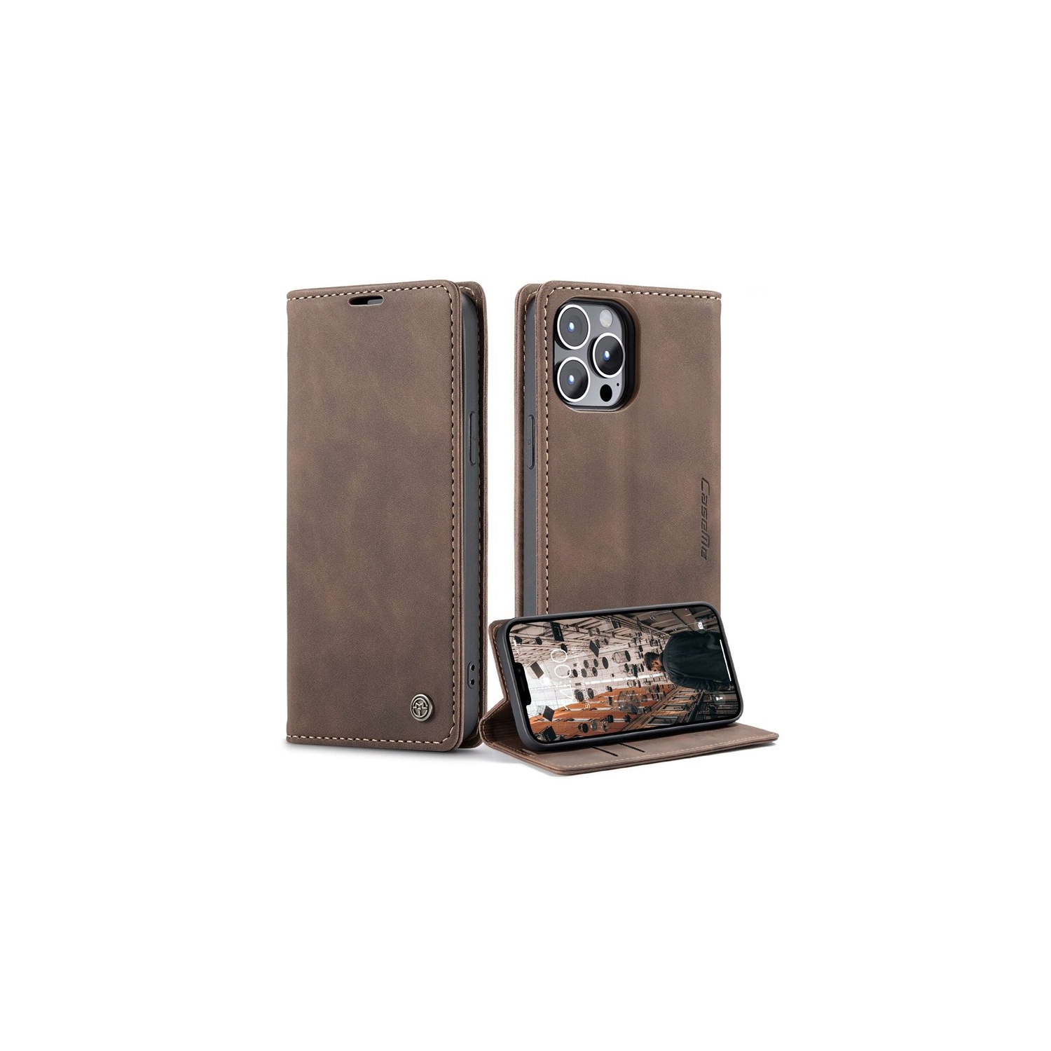 CaseMe Magnetic Stand Flip Protective Cover Leather Flip Cover Purse Style with ID & Credit Card Slots Holder for iPhone 14 PRO - Coffee