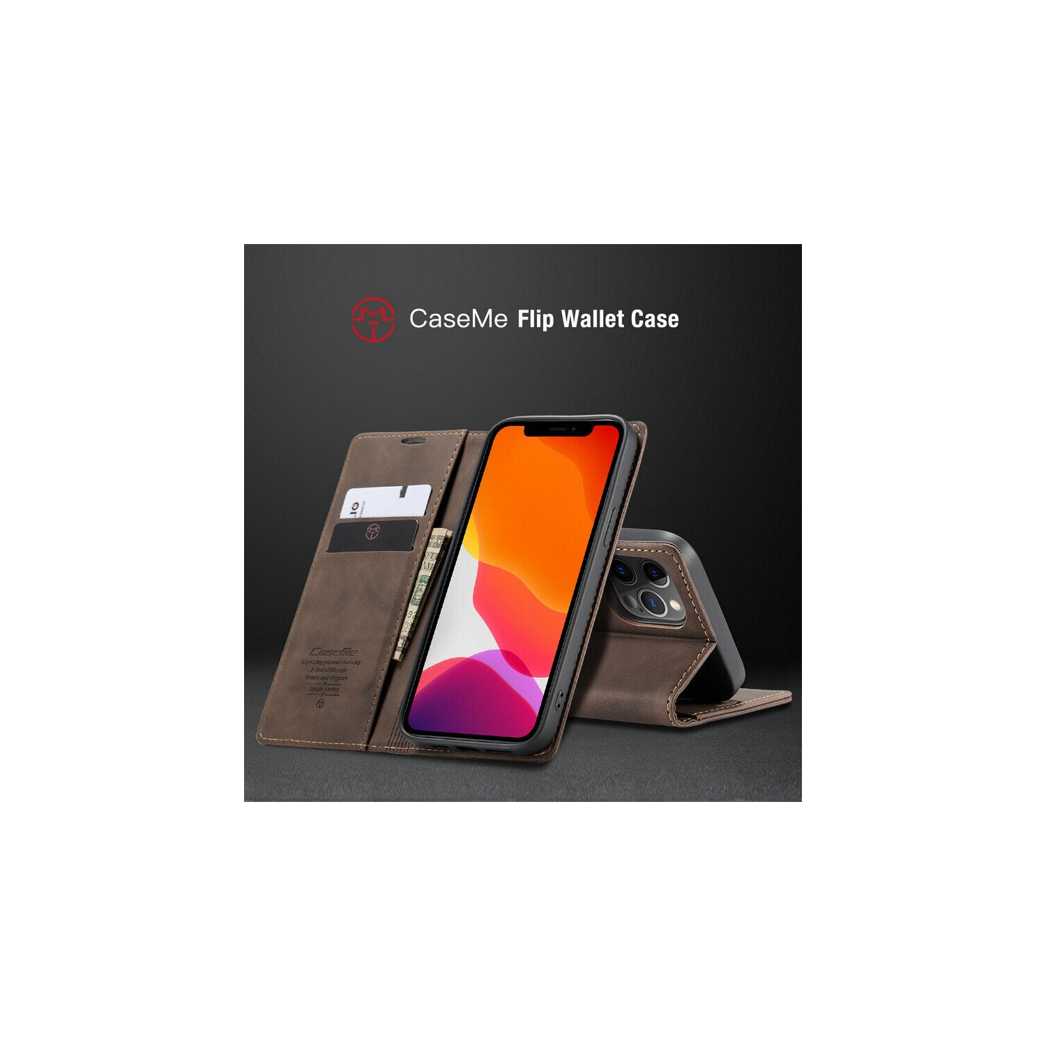 CaseMe Magnetic Stand Flip Protective Cover Leather Flip Cover Purse Style with ID & Credit Card Slots Holder for iPhone 14 PRO - Coffee
