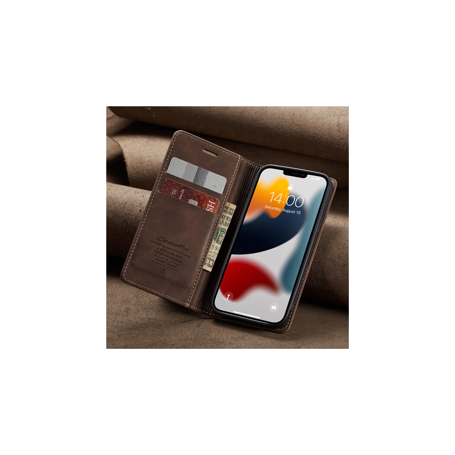CaseMe Magnetic Stand Flip Protective Cover Leather Flip Cover Purse Style with ID & Credit Card Slots Holder for iPhone 14 PRO - Coffee
