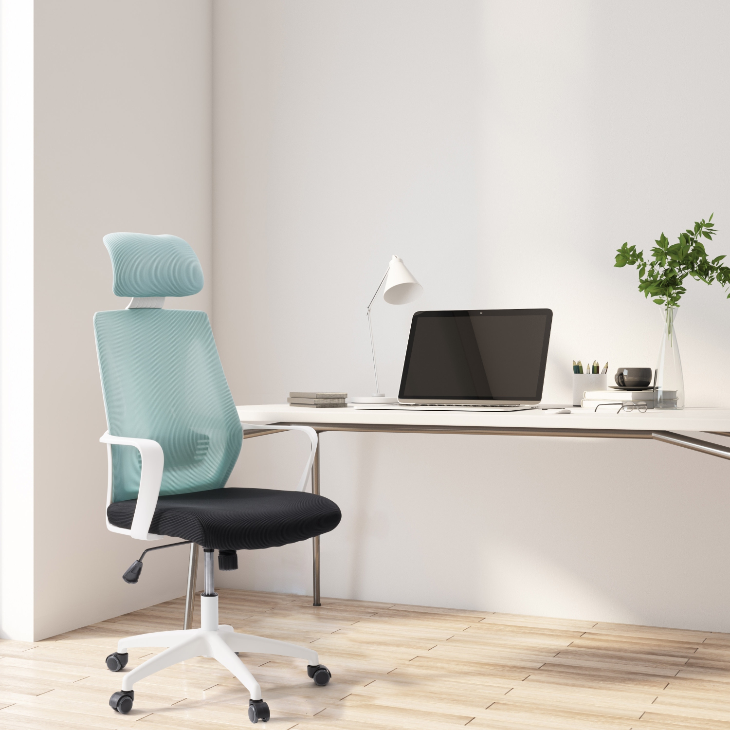 Fauteuil de bureau à dossier en maille turquoise et blanc