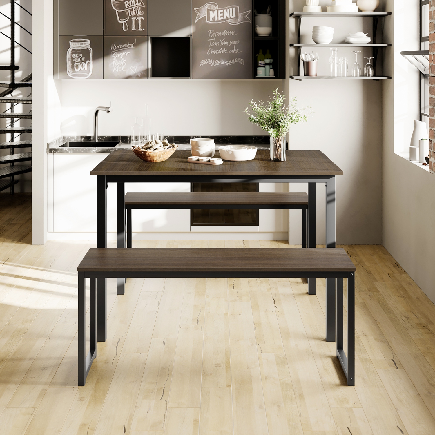 Ensemble de table de salle à manger pour 4 - Table de cuisine moderne en bois avec deux bancs Ensemble 3 pièces Table de cuisine Ensemble à déjeuner