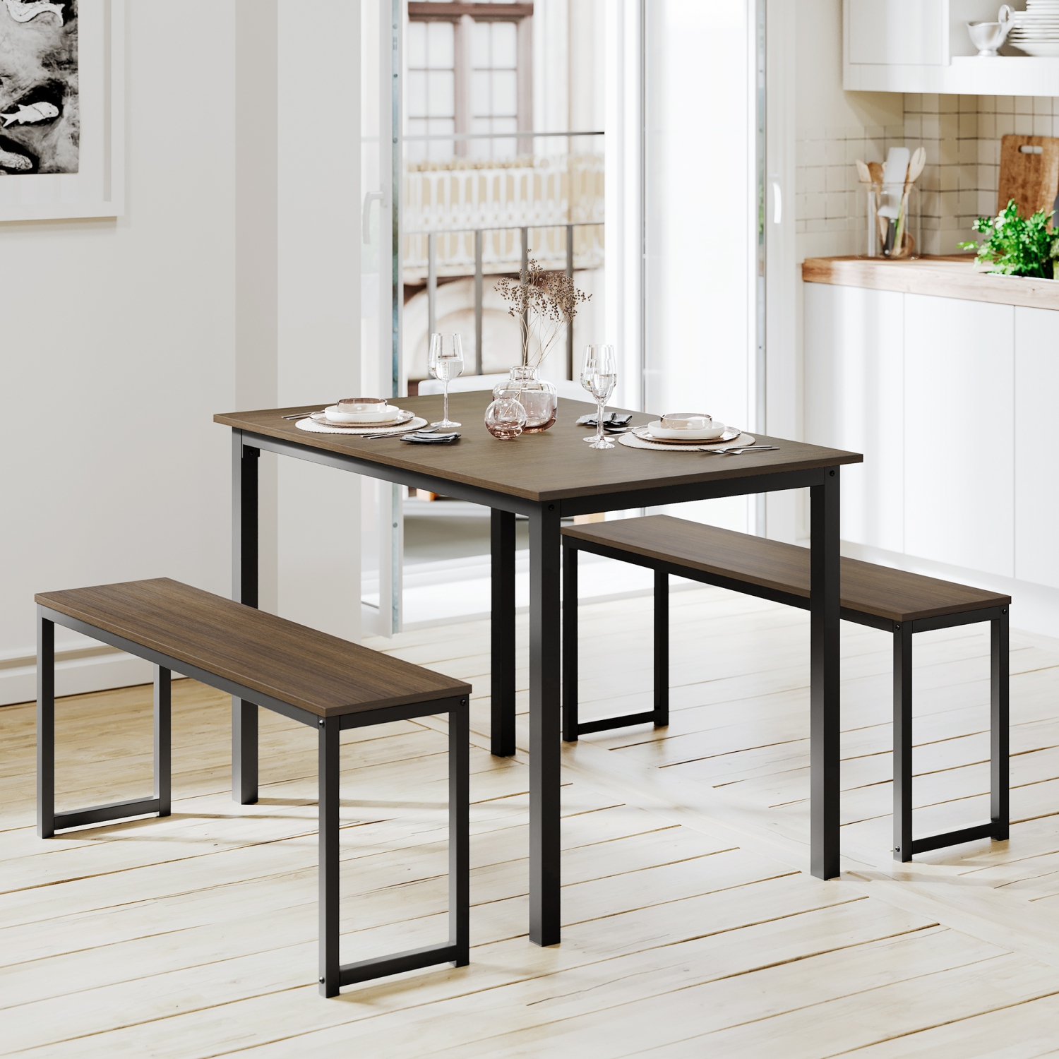 Ensemble de table de salle à manger pour 4 - Table de cuisine moderne en bois avec deux bancs Ensemble 3 pièces Table de cuisine Ensemble à déjeuner