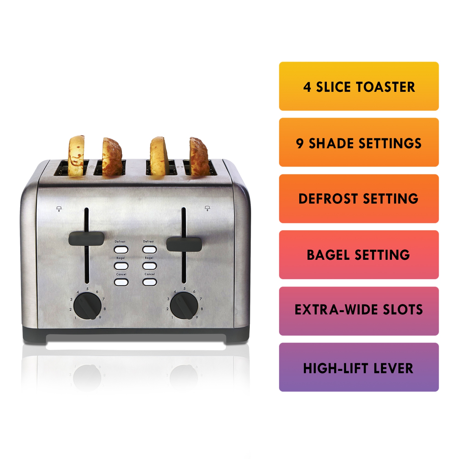 Kenmore 4-Slice Toaster, Stainless Steel, Dual Controls, Extra Wide Slots, Bagel and Defrost Functions, 9 Browning Levels, Removable Crumb Trays, for