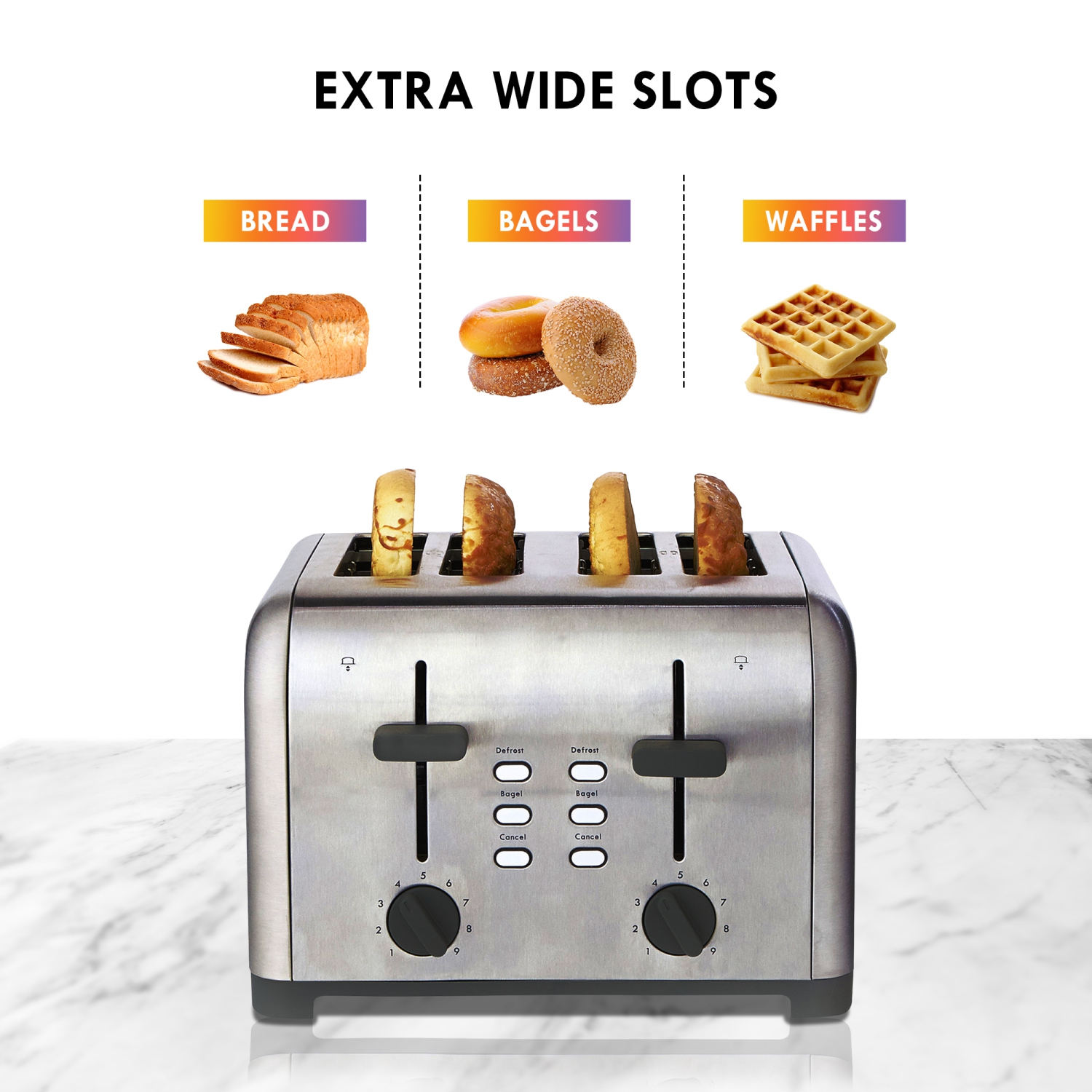 Kenmore 4-Slice Toaster, Stainless Steel, Dual Controls, Extra Wide Slots, Bagel and Defrost Functions, 9 Browning Levels, Removable Crumb Trays, for