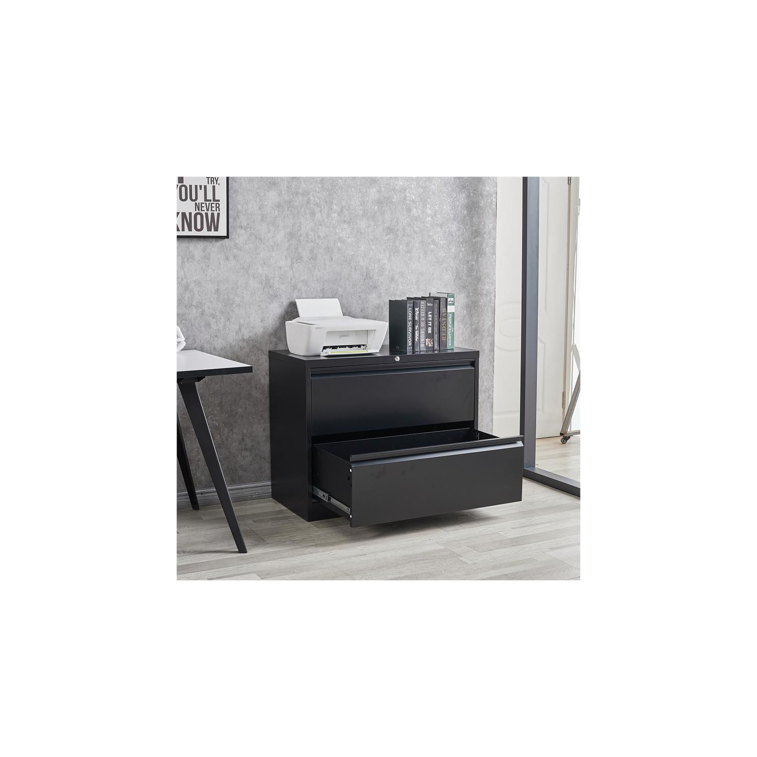 GangMei – Classeur latéral à 2 tiroirs avec serrure, acier et verrouillage, noir