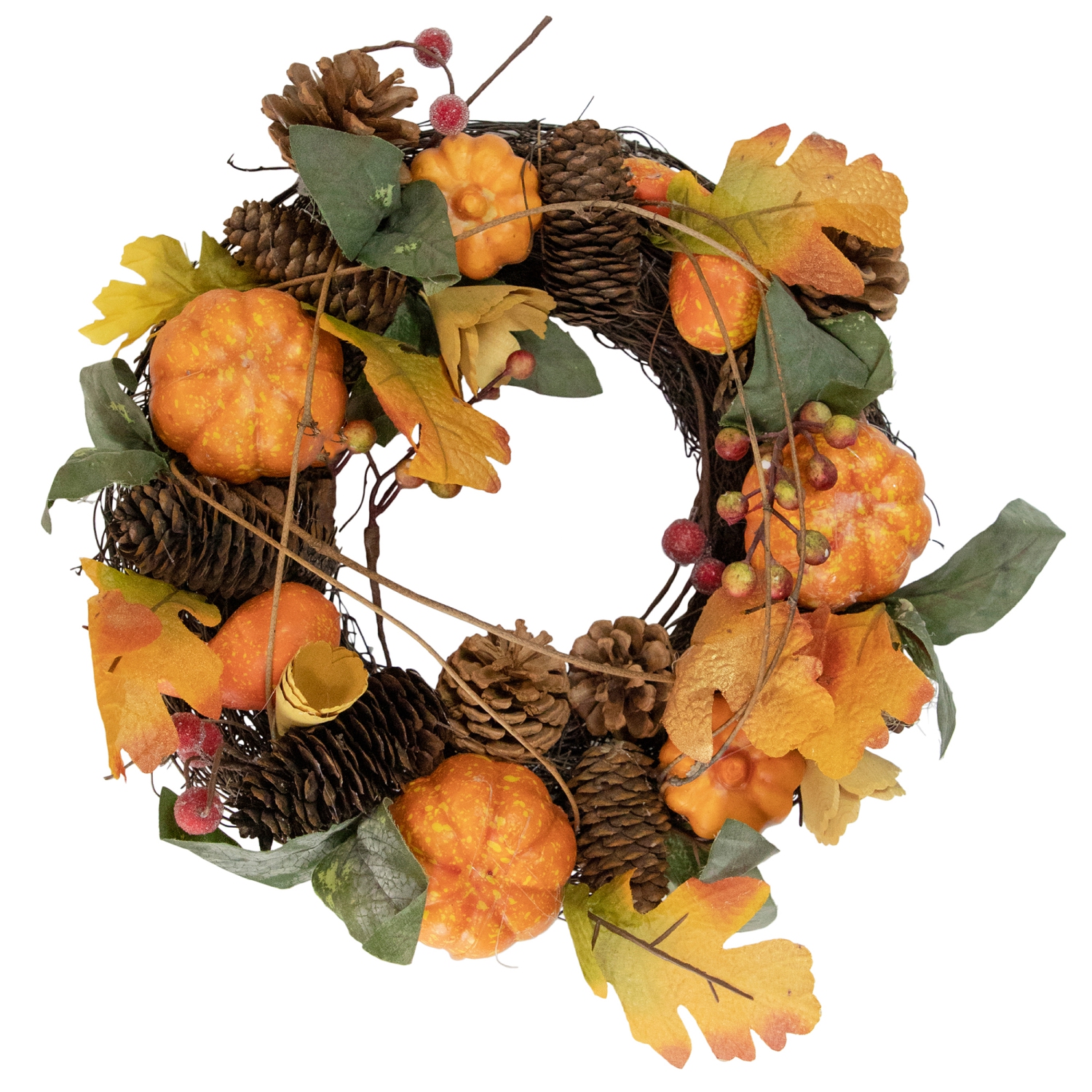 Pumpkin and Pinecone Autumn Harvest Wreath, 13.5-Inch, Unlit