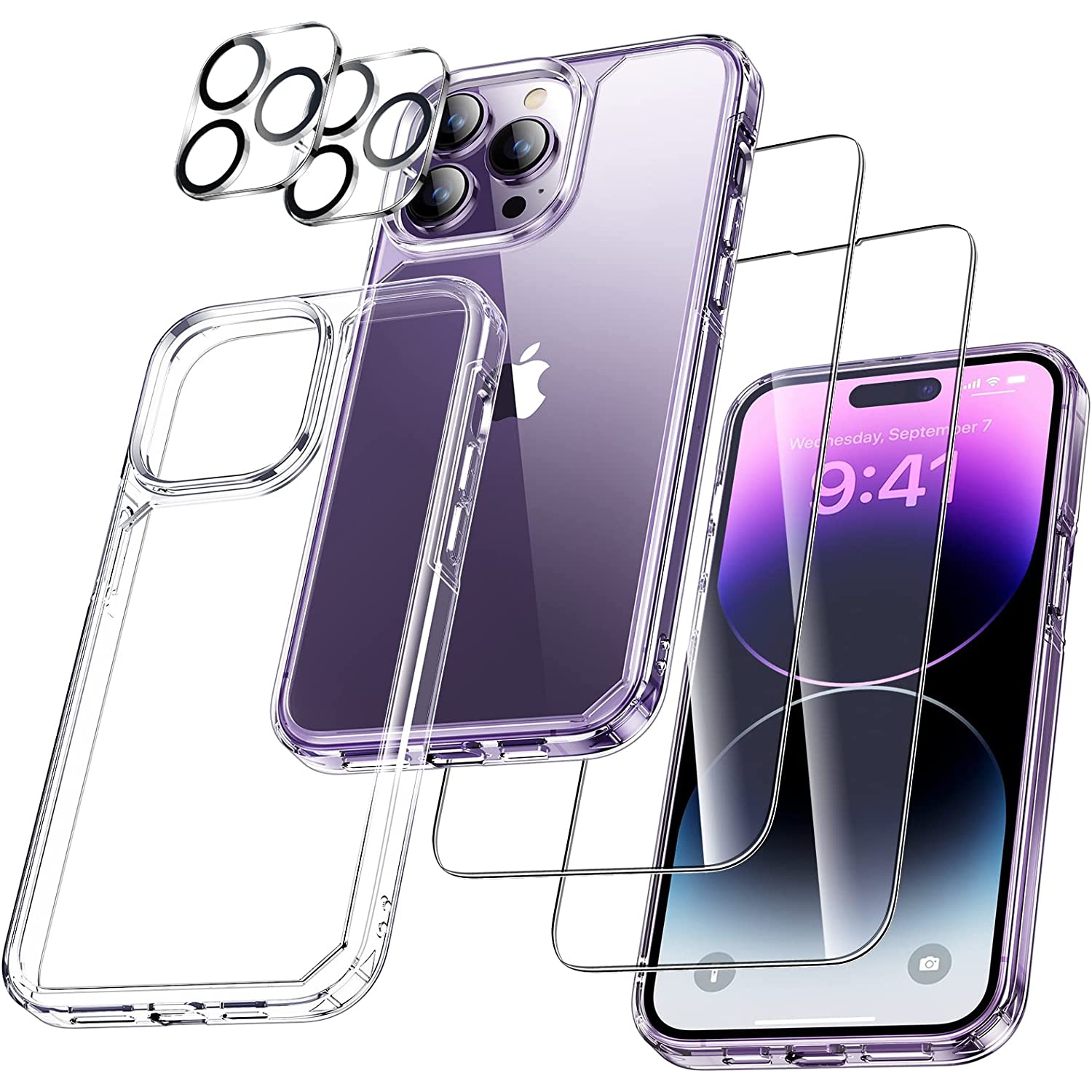 [5 in 1]for iPhone 14 Pro Max Case with 2 Pack Tempered Glass Screen Protector +2pcs Camera Lens Protector Kit-Clear